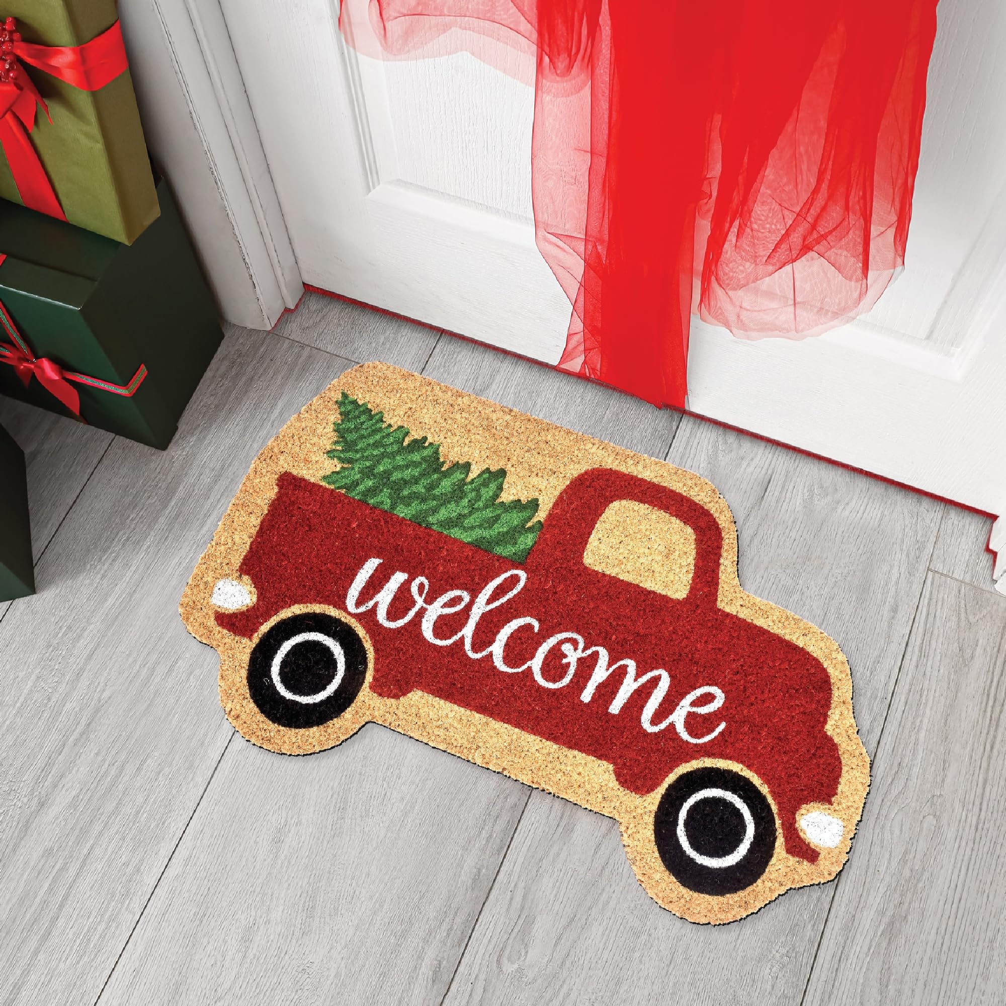 Comart - Zerbino Christmas - 40x70 cm - in Cocco - Sagomato con Disegni Natalizi – Tappeto per Ingresso Esterno o Interno - Antiscivolo - Decorazione per le Feste - Regalo per la Casa – Albero Natale