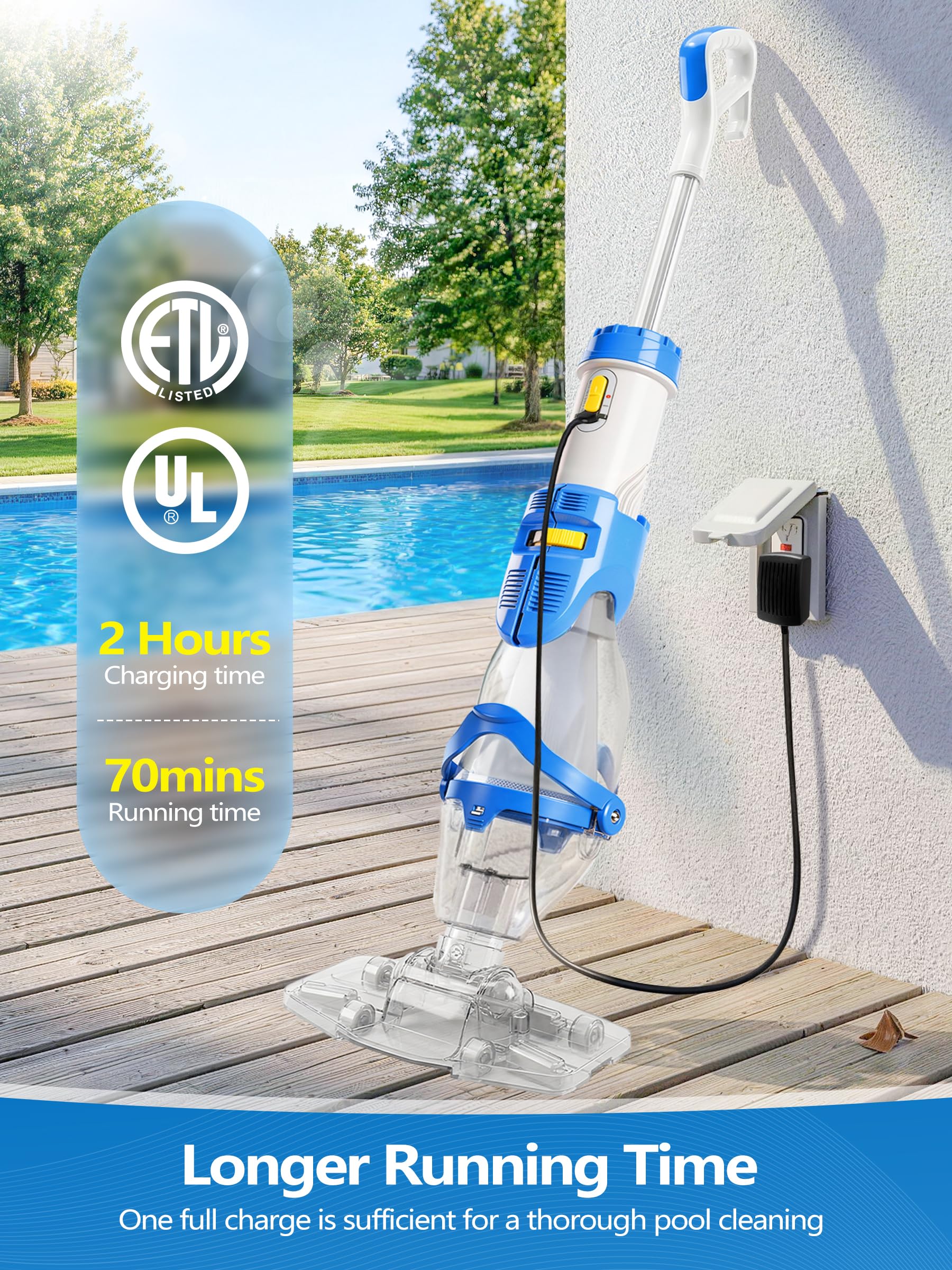 LanOcean Aspirador Piscina Bateria, 2 Modos Aspiradora Piscinas Fondos Caudal Hasta 4300 L/H, Aspiradora para Piscina Inalambrico con Varilla Telescópica, Autonomía de 70 min Limpia Fondos de Piscinas