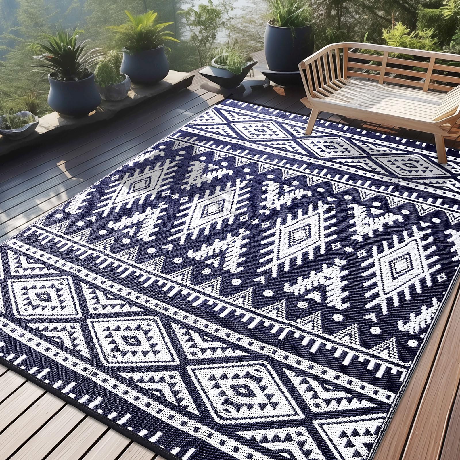 OLANLY Outdoor Rug Waterproof 9x18 ft, Reversible Outdoor Plastic Straw Rug, Boho Patio Rug, Indoor Outdoor Carpet, RV Mat Outside for Patio, Camp,