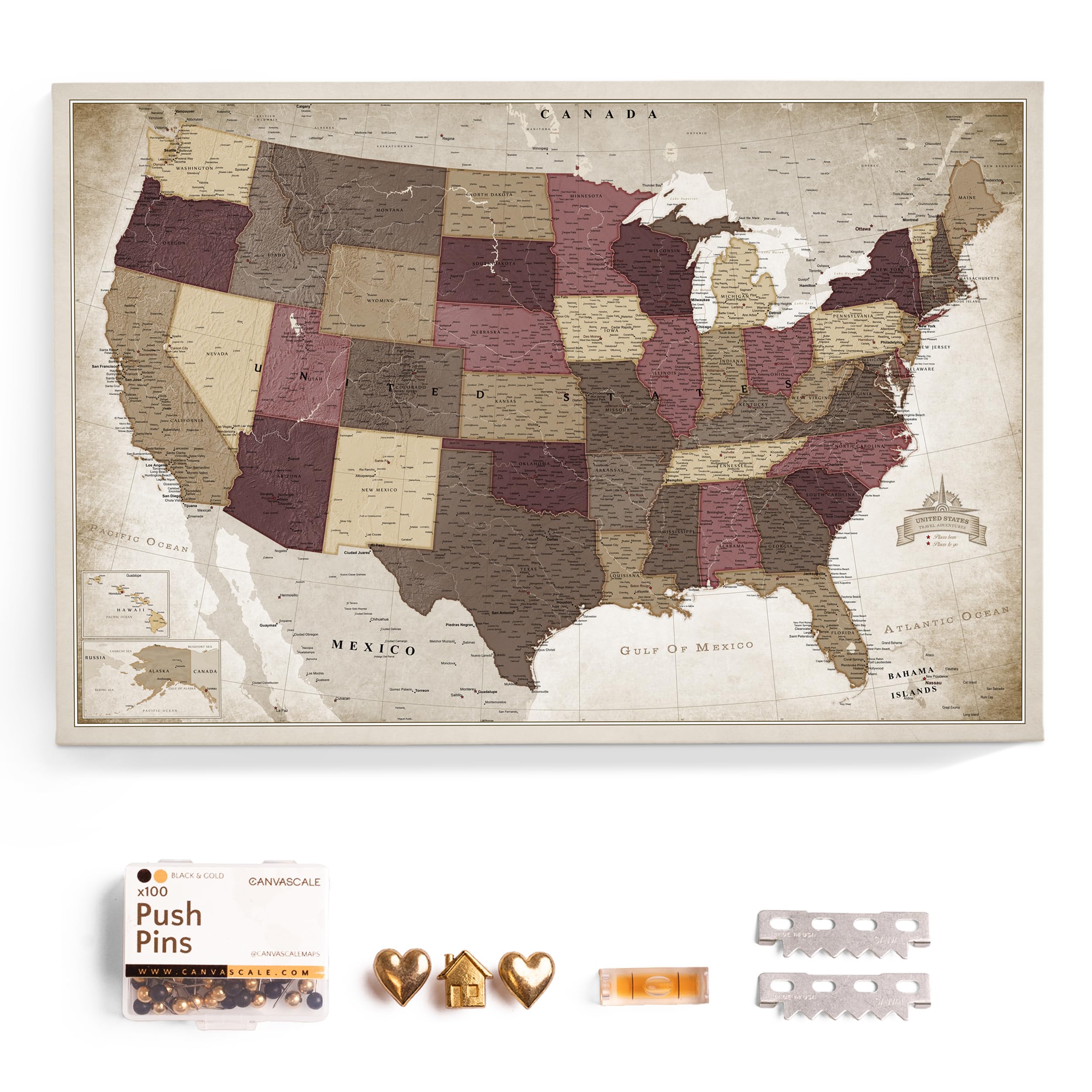 USA Map Canvas Wall Art with Cork Pin Board – Decorative Push Pin Travel Map for Home, Office, Living Room, Bedroom (120x80cm - Pattern 23)