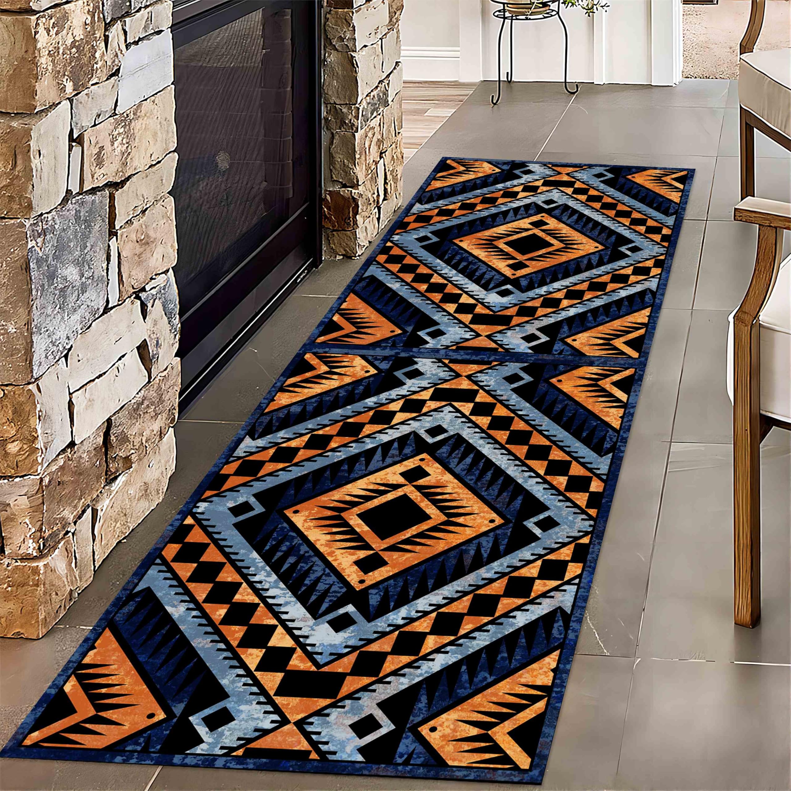 Kuluoits Western Country Style Long Strip Rug, 120x360cm, Modern Geometric Orange Blue Southwestern Hallway Rugs, Soft and Durable Rugs, Non-Slip Washable Floor Mat for Living Room Bedroom Foyer