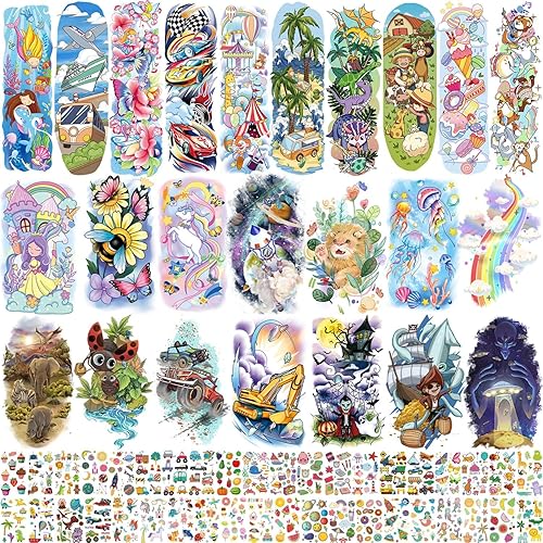 Leesgel 66 hojas de tatuajes temporales para niños, tamaño mixto, calcomanías falsas de tatuajes con dinosaurioscochessirena, suministros de fiesta