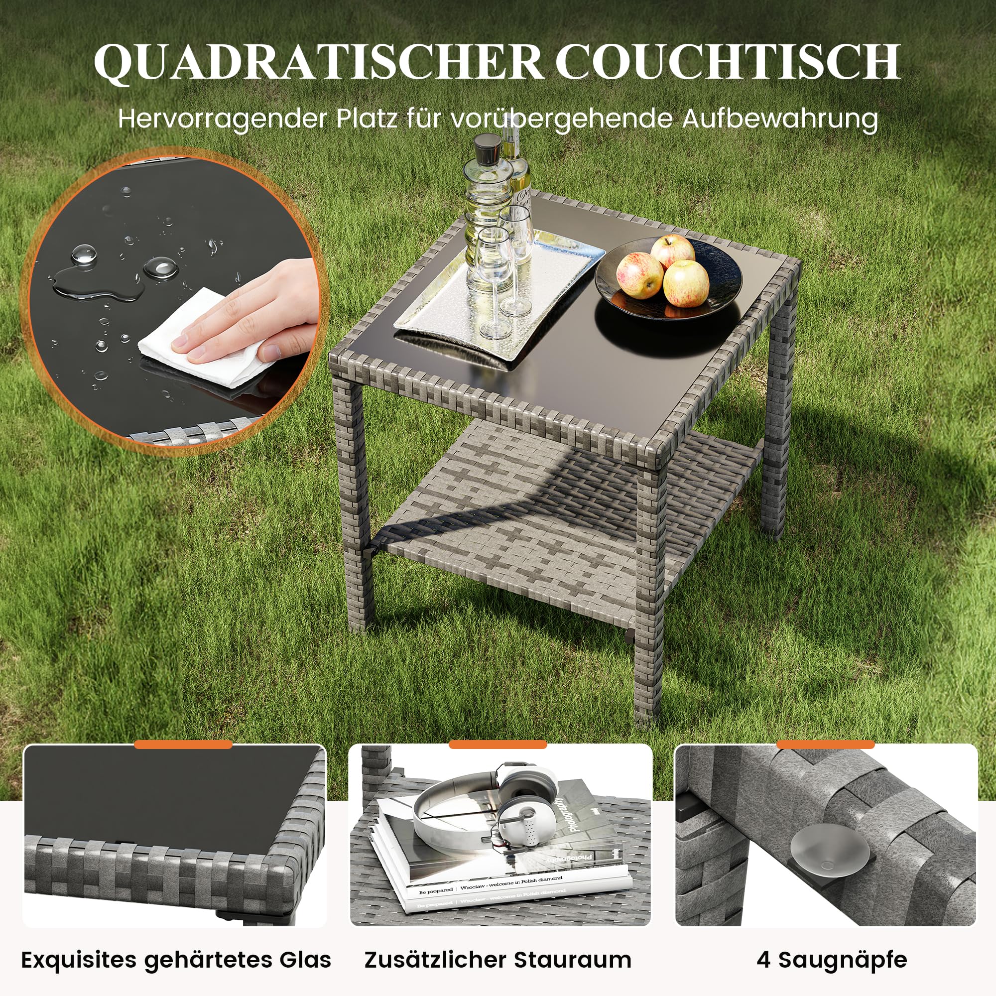 UDPATIO Sonnenliege 2 Personen Set, 3er Gartenmöbel Lounge Set Outdoor inkl. 2 Polyrattan Gartenliegen Wetterfest & 1 Tisch, Sonnenliegen Set für Garten, Terrasse, Balkon (Grau-meliert & Grau Bezüge)