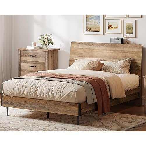 LINSY Queen Wood Bed Frame with Ergonomic Headboard, Bed Frame Queen with Storage Shelf, Noise-Free, No Box Spring Needed - Brown