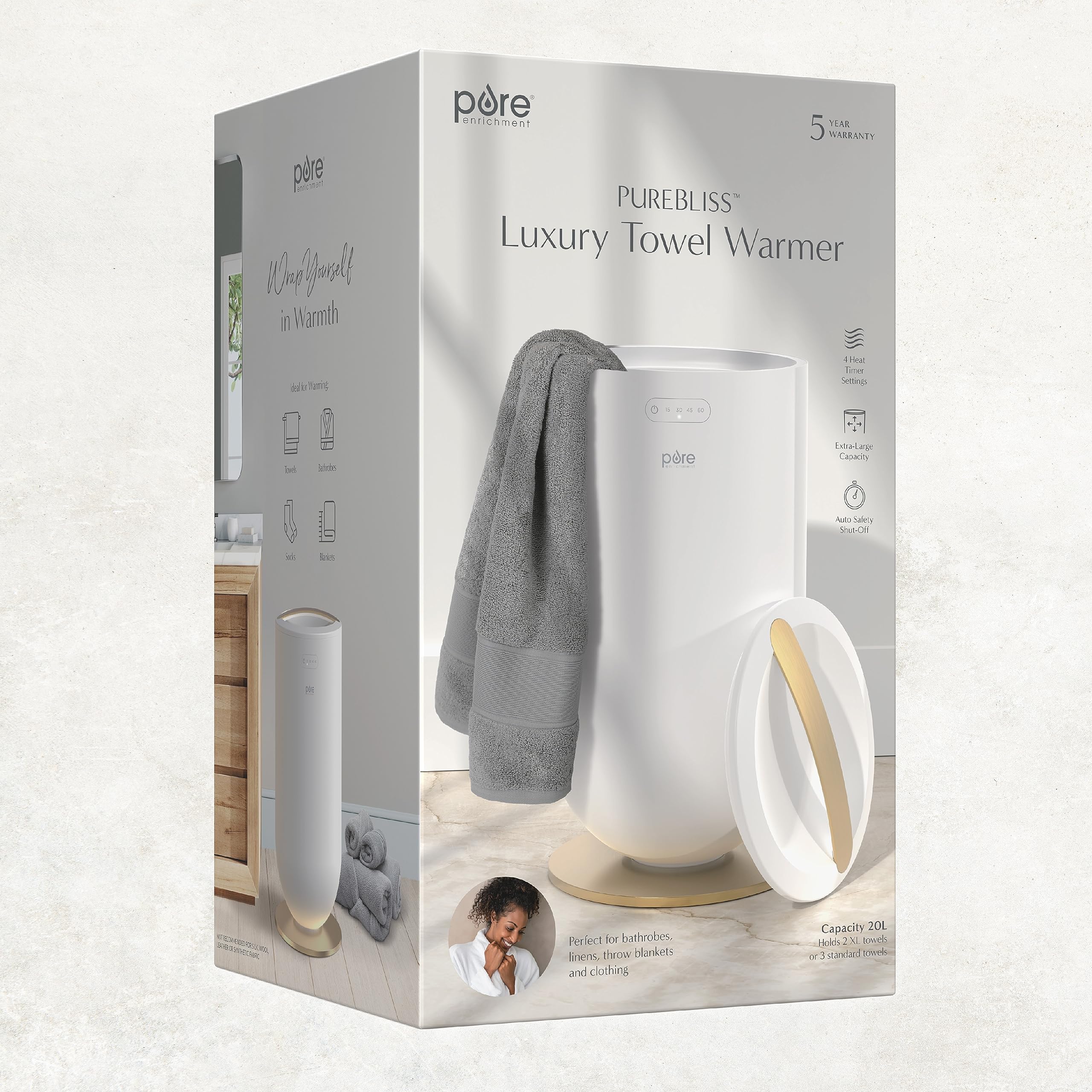 PureBliss Calentador de toallas de lujo – Extra grande de 20 litros calienta toallas, batas, mantas o ropa – Diseño moderno de cubo, 4 ajustes de temporizador de calor y apagado 6