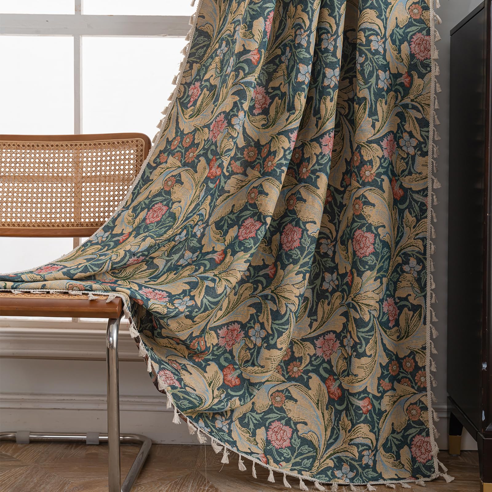 USTIDE Vintage Floral Curtain 150x180cm, Carnation Jacquard Boho Drape Light Filtering Semi Sheer with Tassels, Rod Pocket Window Treatment for Bedroom Living Room