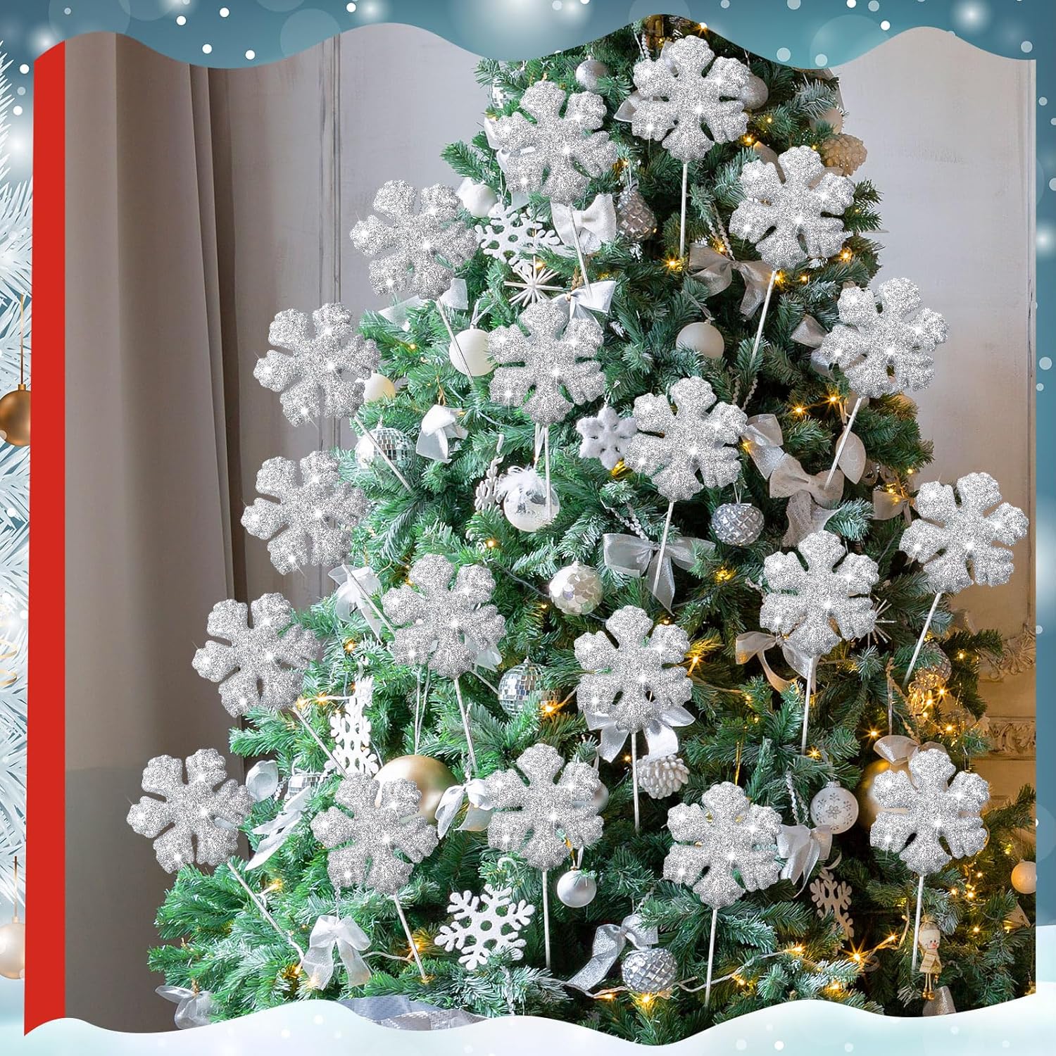 キラキラ光るウォーターツリー スノーフレークホワイト LED – THE GLOBE オンラインショップ 36個 クリスマスフォーム スノーフレークピック グリッターフォーム スノーフレークピック ツリーデコレーション 花瓶フィラー キラ