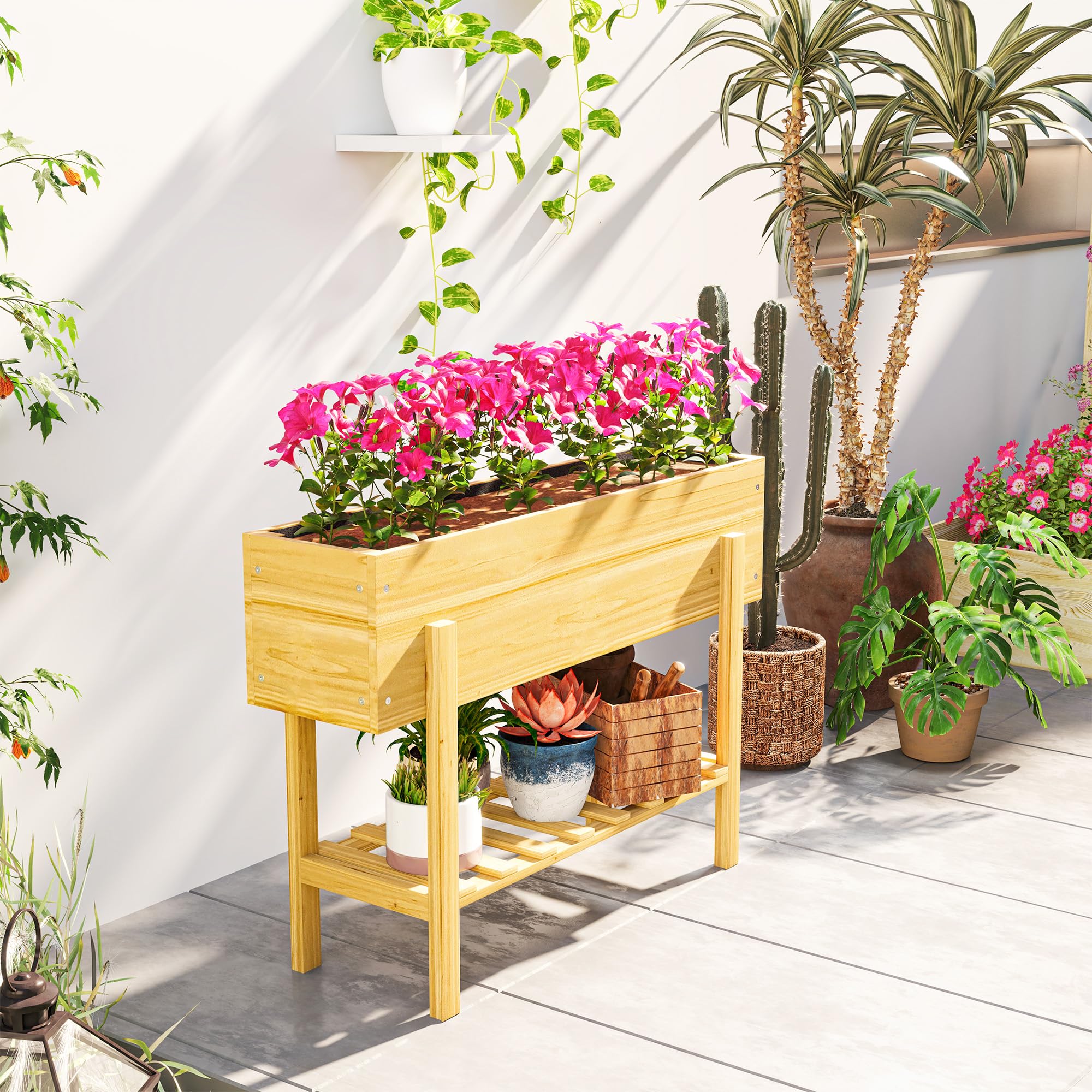 Outsunny Jardinière sur Pieds Potager 100 x 30 x 70,5 cm Bois Naturel | Carré Potager De Jardin Sur Pieds, 2 Trous De Drainage, En Bois, pour Fleurs Herbes Légumes
