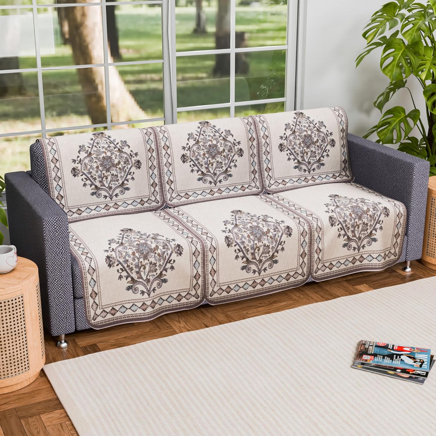 Kuber Industries 3 Seater Cotton Sofa Set Cover | Sofa Slipcover Protector for Home Living Room, Hall & Office Couch | Flower Print – Grey Kuber Industries 3 Seater Cotton Sofa Set Cover | Sofa Slipcover Protector for Home Living Room, Hall & Office Couch | Flower Print – Grey