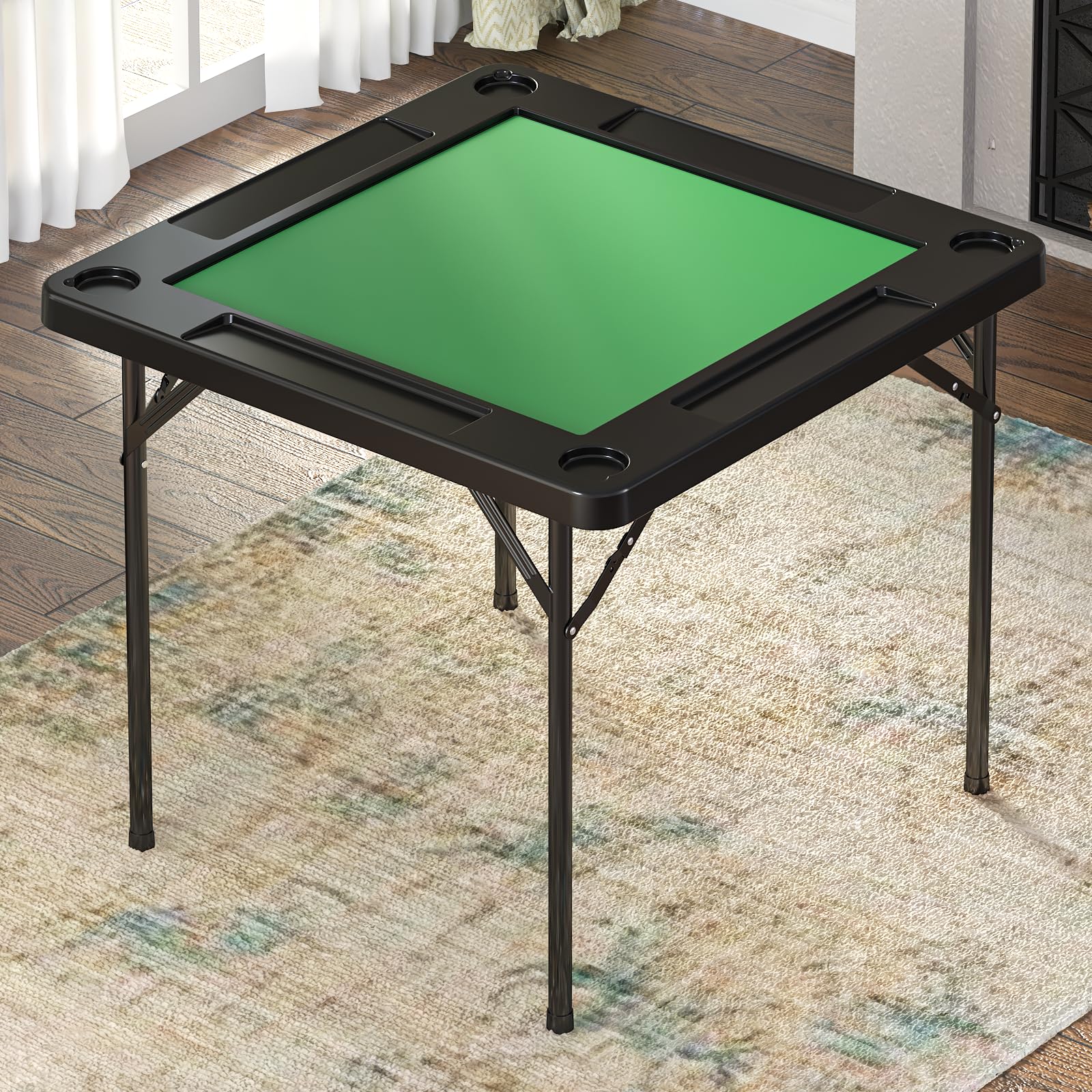 Folding Card Table, 35.4" Square Mahjong Table with Green Felt, Chip Trays and Cup Holders, Portable Domino Tables for 4 Players, Card Game Tables for Mahjong Poker Domino Game, Black