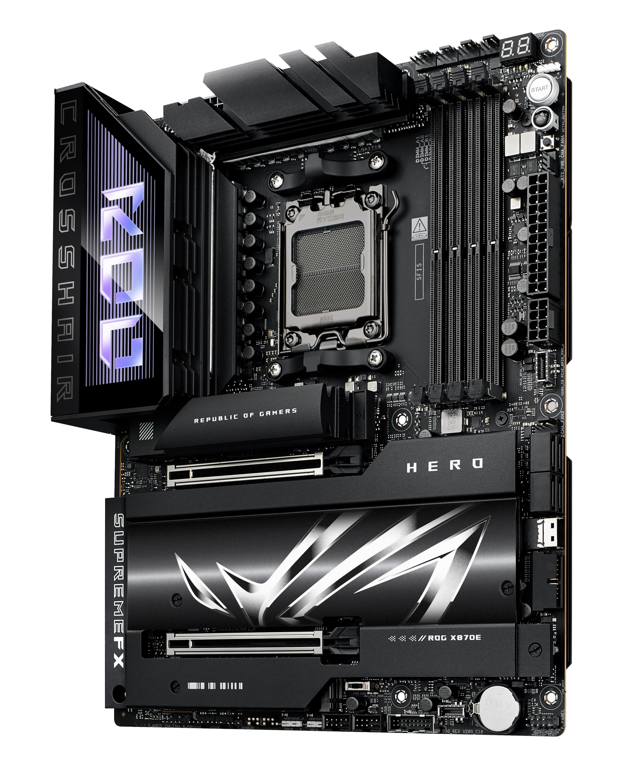 ASUS ROG Crosshair X870E Hero ATX, 18+2+2 stadi di alimentazione, slot DDR5, PCIe 5.0, le GPU di nuova generazione, cinque slot M.2, Wi-Fi 7, USB4, AI Overclocking, Slot PCIe Q-Release Slim
