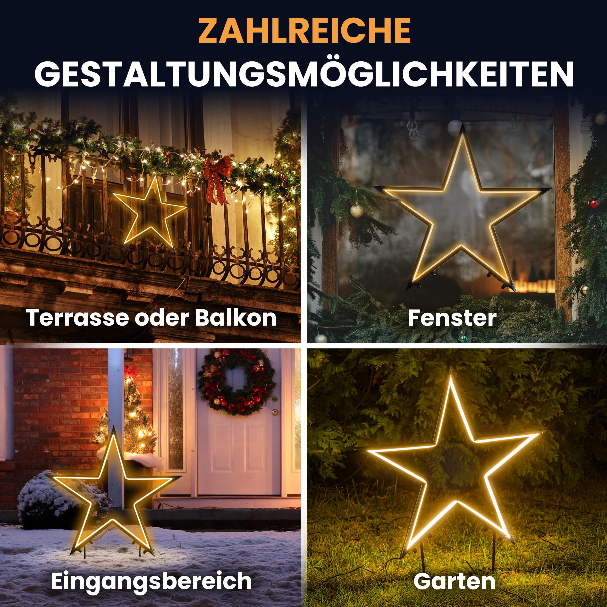 Gartenpirat Gartenstern mit Erdspieß Höhe 70 cm Neonlichtband warmweiß 240 LED Weihnachtsbeleuchtung Gartenstecker Stern außen