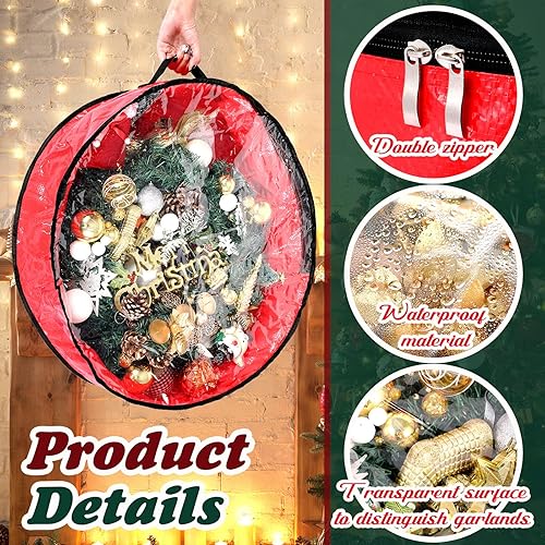 Miniatura 3 de Dunzy 8 bolsas de almacenamiento para coronas de Navidad, contenedor de guirnalda para coronas, de tela resistente a desgarros, cajas redondas con