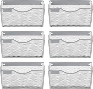 EasyPAG 6 Pack Wall File Organizer with Label Panel, Metal Mesh Hanging File Folder Holder for Letter/A4 Size Folders, Vertical Wall Mount Mail Sorter for Office Paperwork, Classroom, Silver