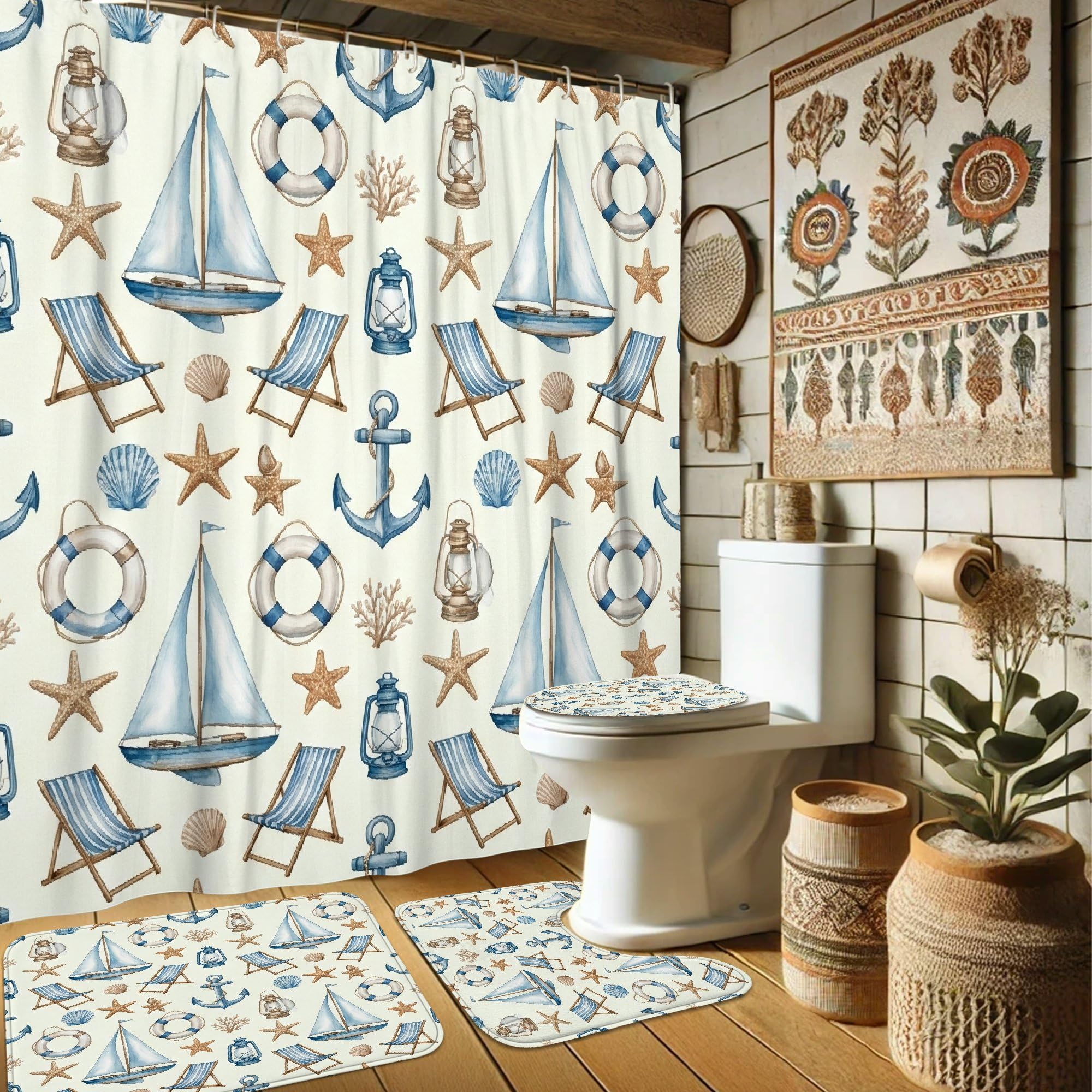 Rideau de douche voilier imperméable anti-éclaboussures bleu 183 x 183 cm pour baignoire