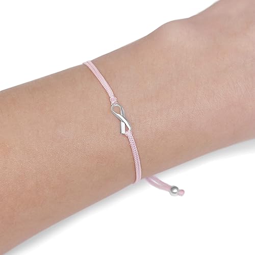 Breast Cancer Awareness Pink Womens Friendship Support Bracelet, Handmade Small Sterling Silver Ribbon Shaped Charm, Adjustable Pull Thread Cord