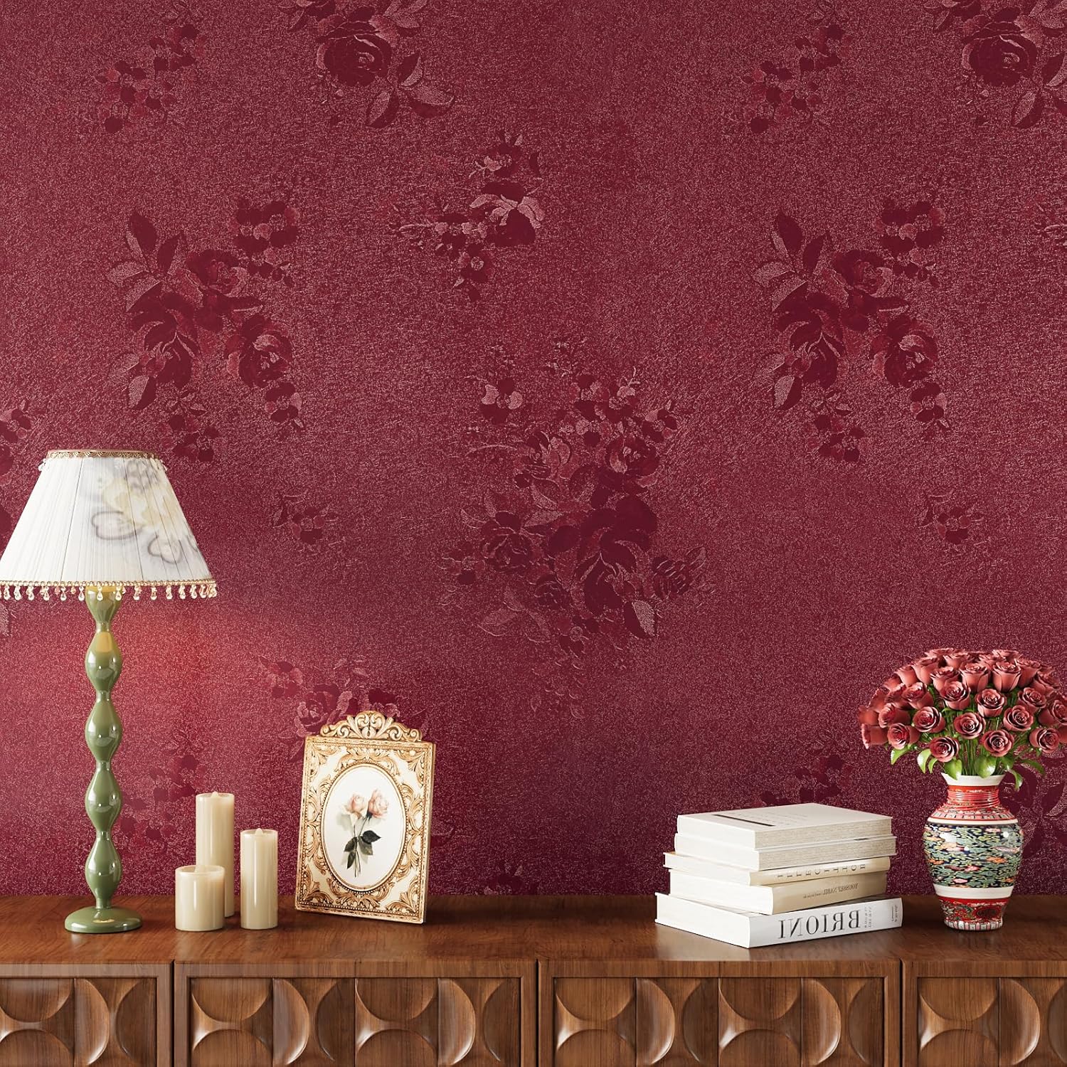 VEELIKE Dark Red Wallpaper Peel and Stick Textured Vintage Maroon Flower Wallpaper for Bedroom Bathroom 15.7''x118'' Self Adhesive Removable Waterproof Vinyl Red Contact Paper for Cabinets Drawers