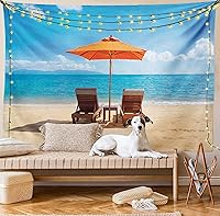 Vista 8 de Lunarable Tapiz costero, tumbonas y mar Caribe bajo el parasol naranja, imagen de vacaciones de luna de miel, decoración de tela para colgar