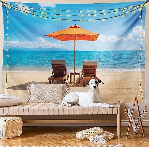 Miniatura 8 de Lunarable Tapiz costero, tumbonas y mar Caribe bajo el parasol naranja, imagen de vacaciones de luna de miel, decoración de tela para colgar