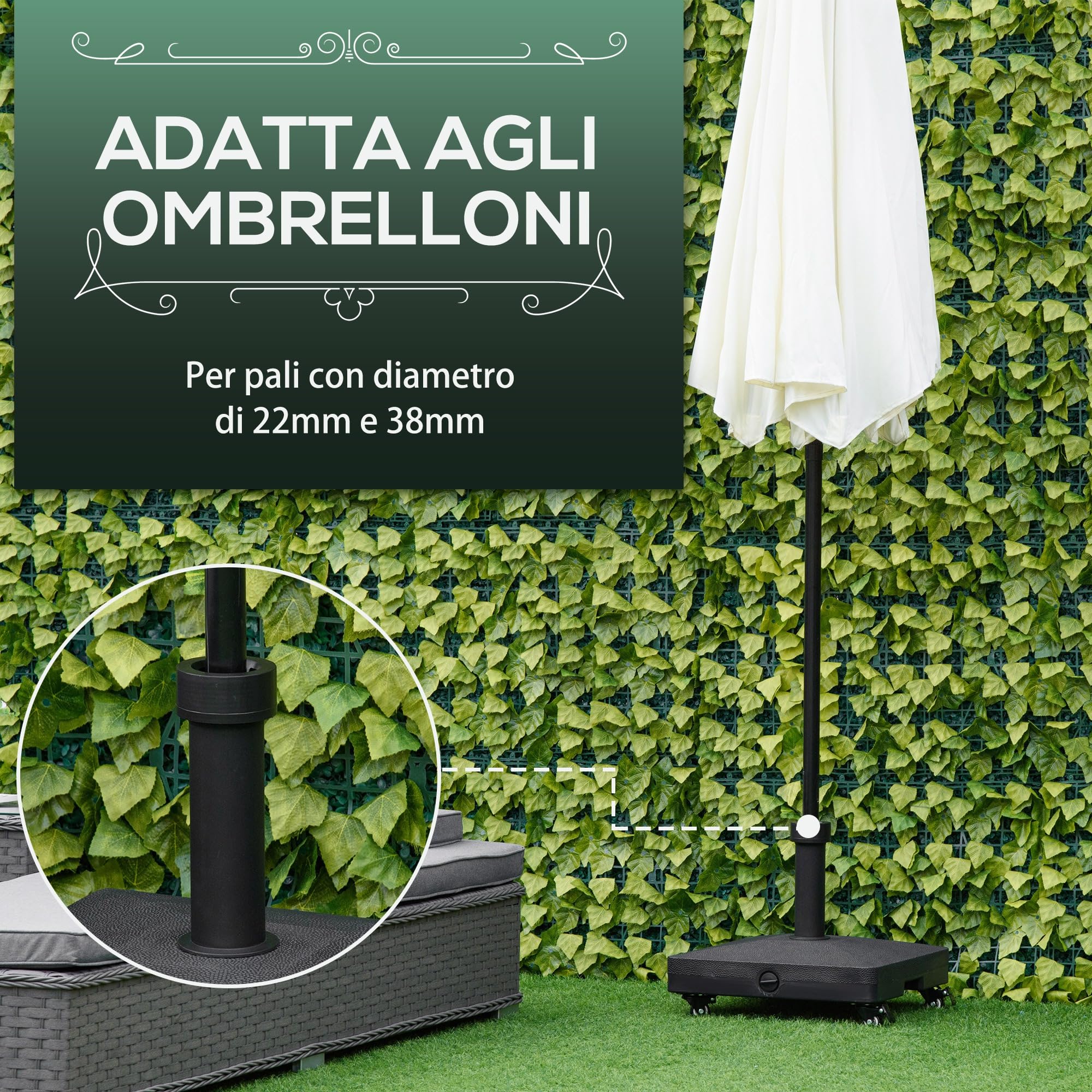 Outsunny Base per Ombrellone con Ruote Riempibile Fino a 20kg, Base Ombrellone in HDPE per Pali da Ø22-38mm, 45x45x39cm, Nero