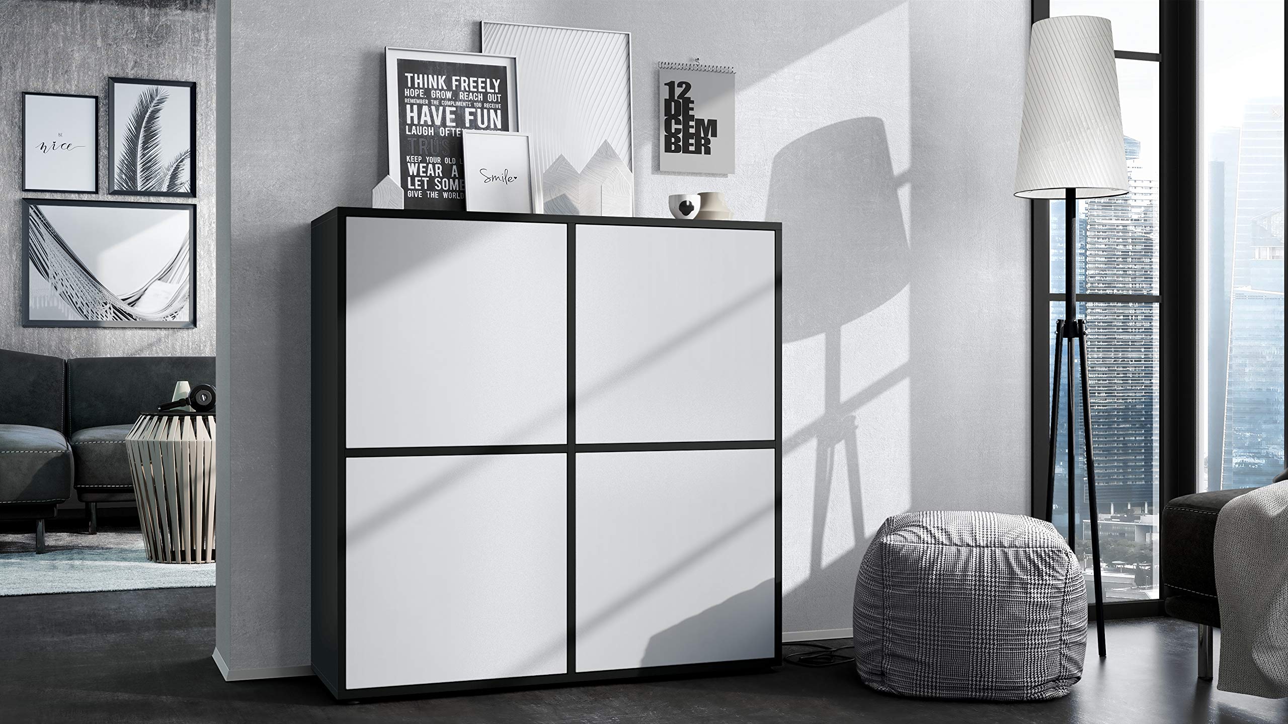 Vladon Highboard Cuba V2 Schrank 104 x 105,5 x 35,5 cm Sideboard mit 8 Fächern, Made in Germany, Korpus in Schwarz matt/Fronten in Weiß matt