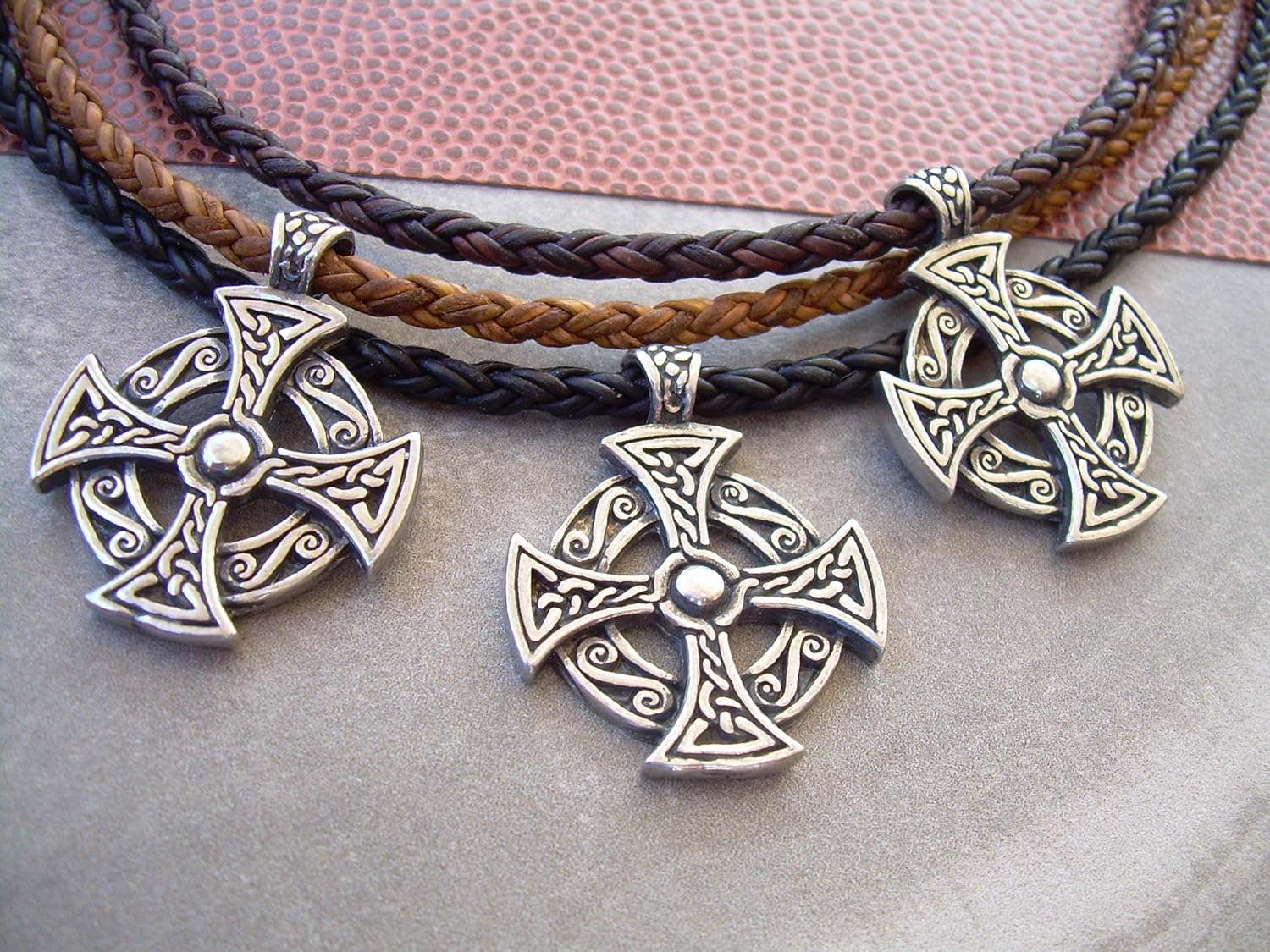 Hand Made Braided Leather Cord Chain Necklace with Round Antique Silver Toned Celtic Knot Cross Pendant - Genuine Leather Necklace for Men and Women - Available sizes: 16,18,20,22,24 inch or Custom