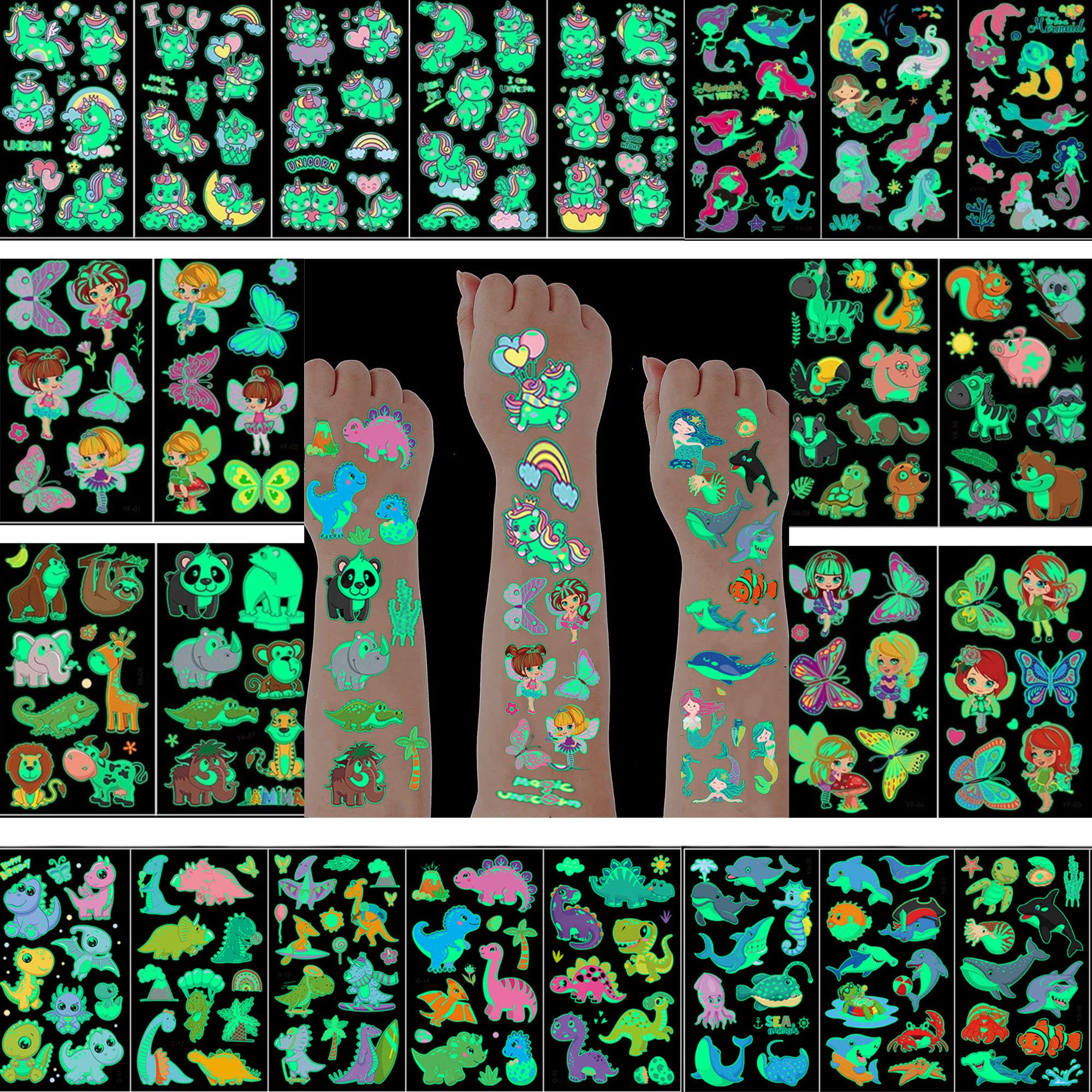 Steemjoey 30 Hojas Tatuajes Temporales Niños Pegatinas, Tatuajes Luminosos Temporales Falso Pegatinas, Set de Tatuaje Mixto para Niños Infantiles Adultos