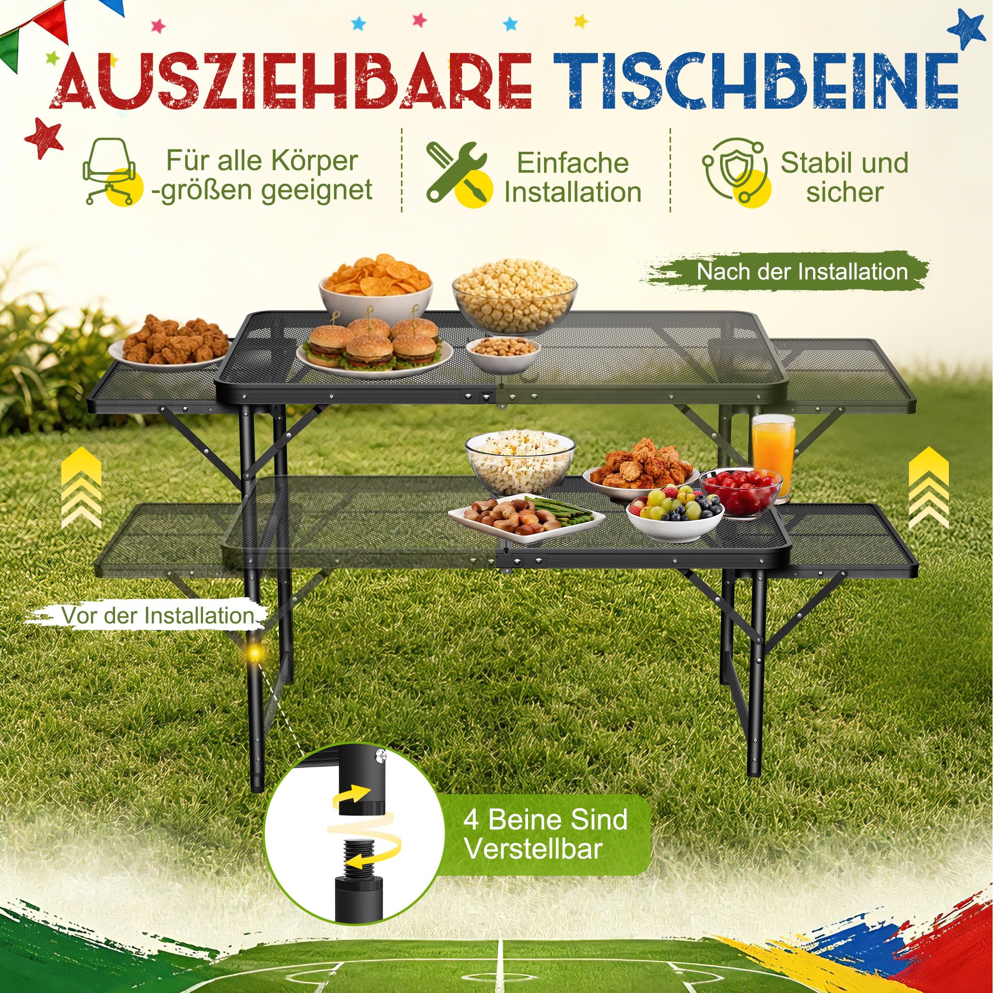 XMTECH Table de camping pliable - Table de barbecue pliable - 90 x 60 cm - Hauteur réglable - Extensible jusqu'à 134 x 60 cm - Pour camping, plage, jardin ou barbecue