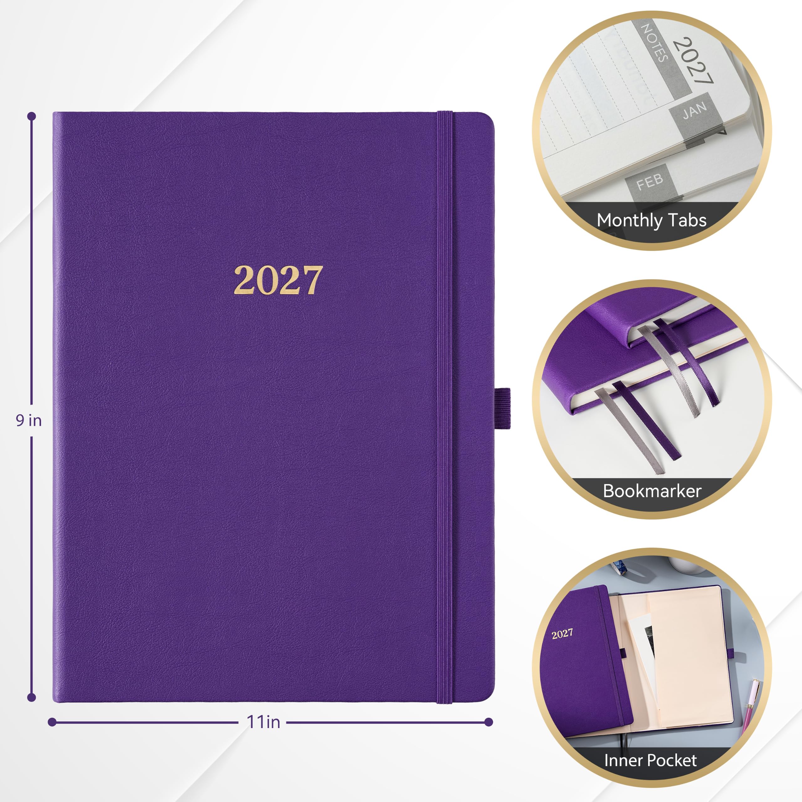 Agenda 2027 settimanale e mensile, da gennaio 2027 a dicembre 2027, 22,9 x 27,9 cm | Calendario 2027 con tasca interna + segnalibri + copertina rigida in pelle, viola, perfetto per l'ufficio