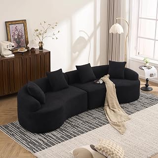 110'' Modern Curved Sofa Sectional, Arc 4-Seater Foam Couch Compressed in-a-Box, Boneless Cloud Couch with Extra-Deep-Wide Seats in Comfortable Chenille, No Assembly, Polar Black