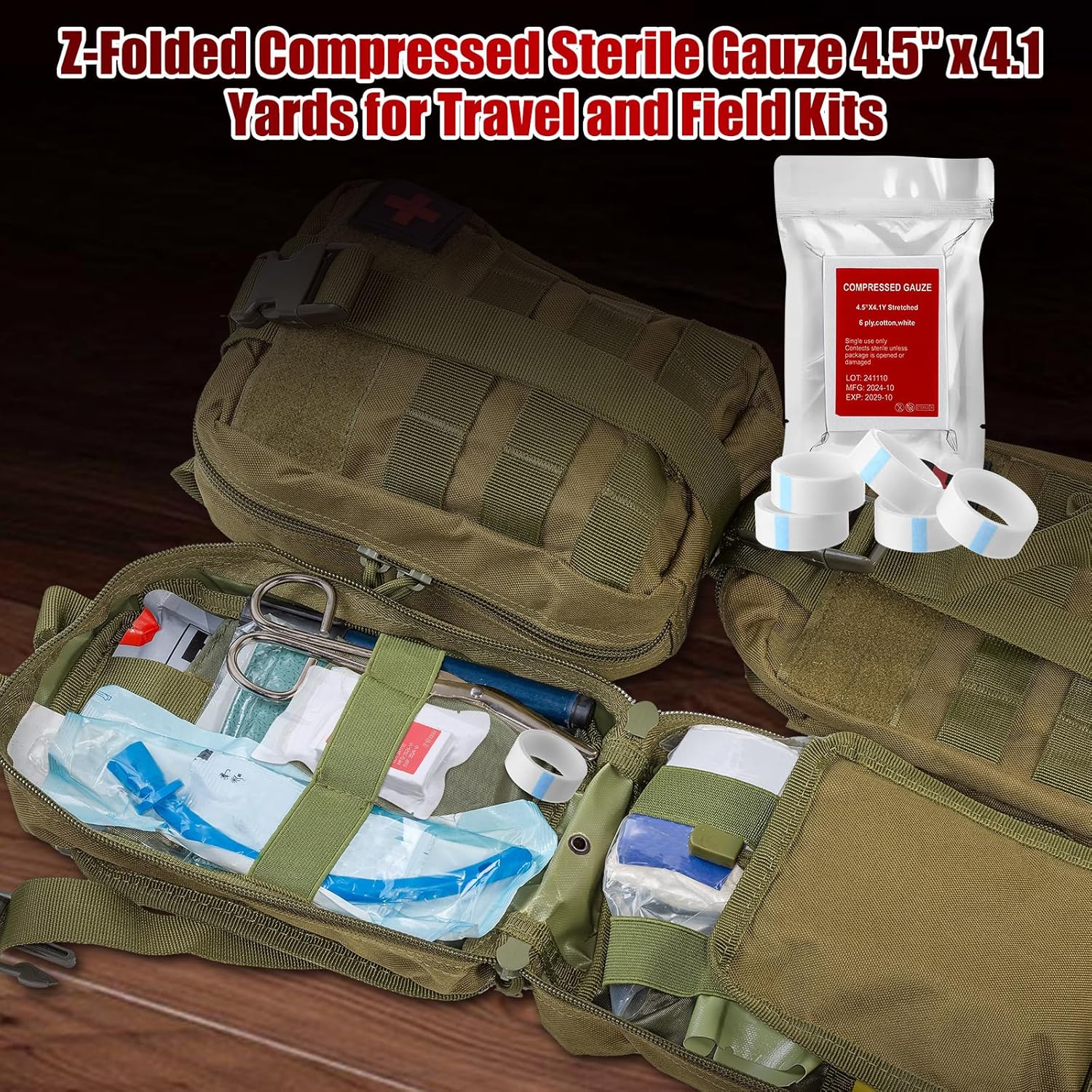 15 Pcs Z-Folded Compressed Sterile Gauze 4.5" x 4.1 Yards Combat Gauze Trauma Pad 6-ply 100% Cotton for Emergency Wound Dressing, First Aid Ifak Supplies Trauma Kit