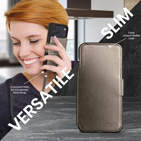 dreem Wallet Case for iPhone 17 Pro Max, Revolutionary Vert/Hor Phone Stand, Magnetic Detachable Vegan Leather Flip Cover RFID Blocking Card Holder, MagSafe-Fit, Gift Box [Fibonacci: Metal] - 5