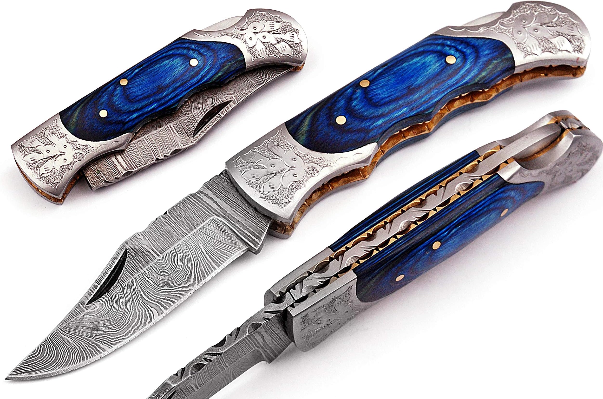 Hand made Damascus steel blade Folding/Pocket Hunting knife , Razor Sharp Edge with leather sheath 5170 (Blue) knives for men best gift