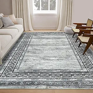 GlowSol Area Rug 9x12 Washable Rugs Gray Geometric Printed Rug Border Mat Foldable Solid Rugs Modern Rug Neutral Rug Large Print Rug Non Slip Carpet Living Room Rug Dining Room Office Farmhouse Rug