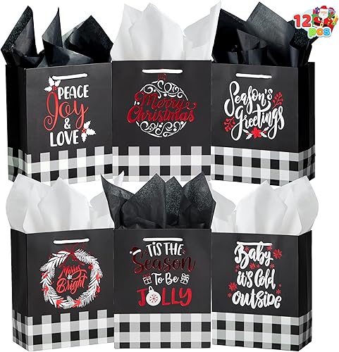 JOYIN 12 bolsas de regalo de Navidad a cuadros con asas y detalles metálicos rojos para envolver suministros de regalo, bolsas de dulces de Navidad