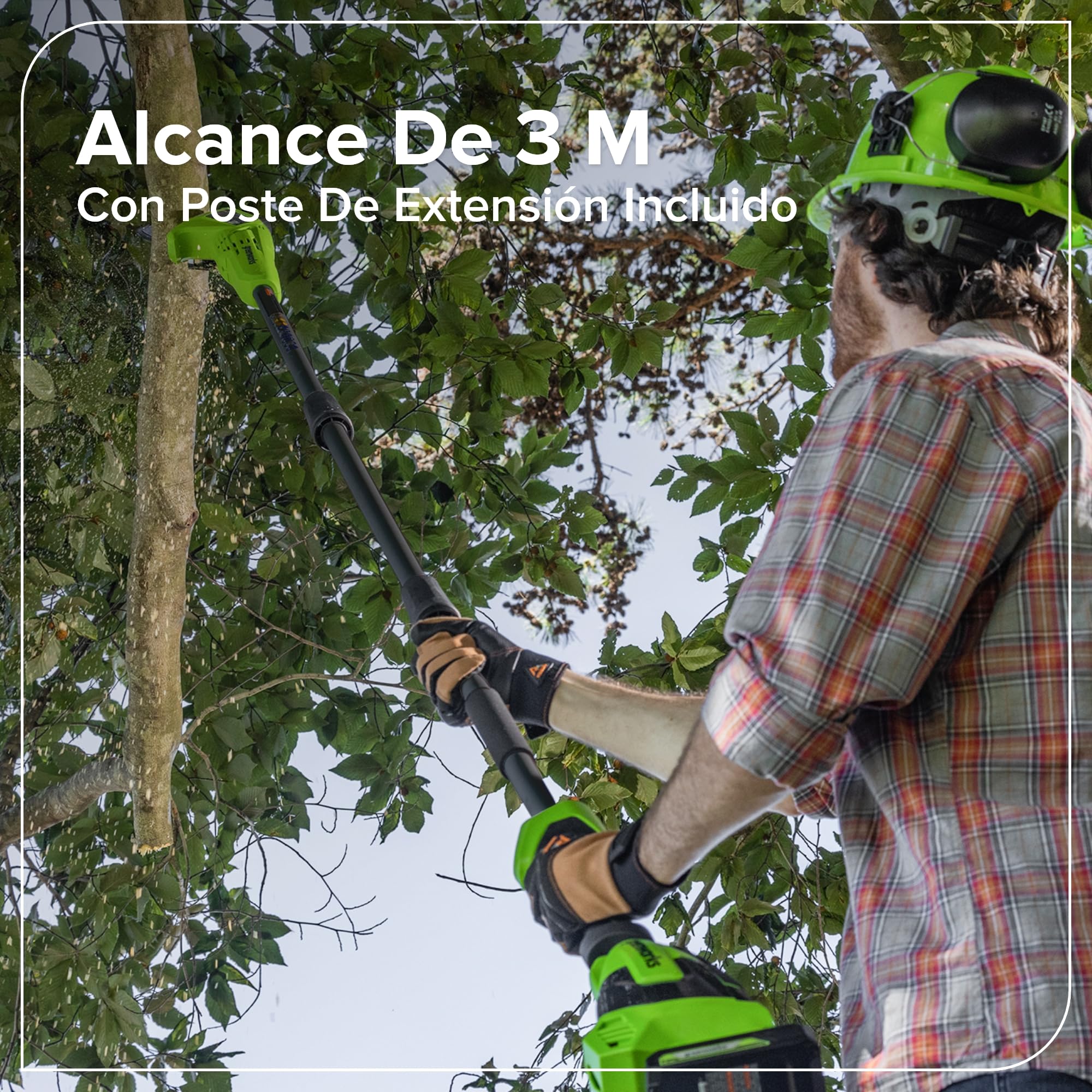 Greenworks Cortasetos + Sierra telescópica 2-en-1 24V con batería 4,0Ah & Cargador USB-C 65W, Motor brushless, Hoja 51 cm, Sierra 20 cm, Cabeza giratoria 112,5°, pértiga 3 Piezas CKPH321A2