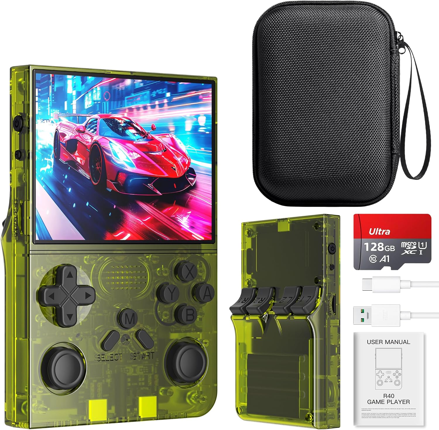 R40 Retro Handheld Game Console with Storage Case - Open Source System,3.5" IPS Screen, 18,000+ Classic Games, 128G TF Card, 3000mAh Battery, Portable Gaming Player for Travel, Yellow