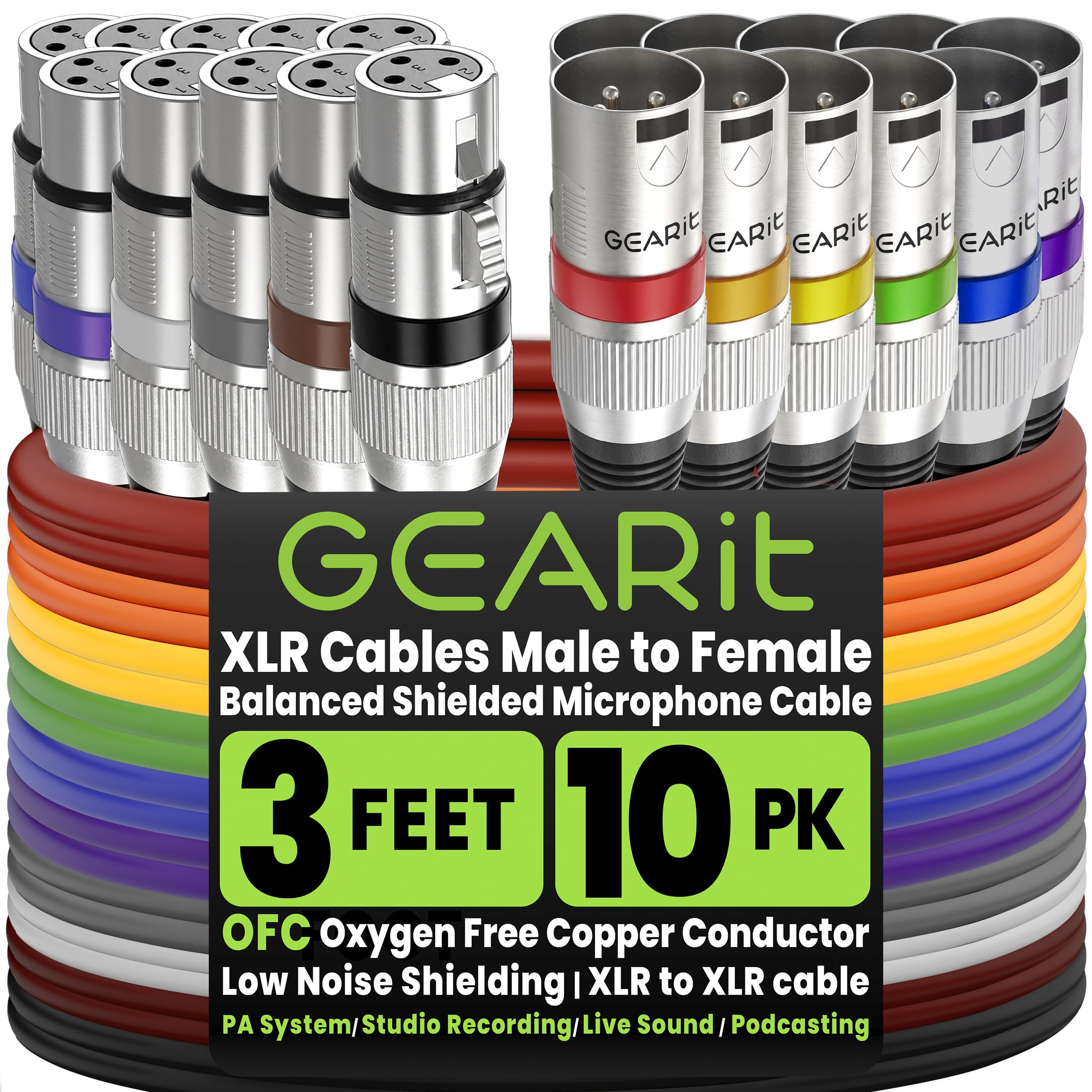GEARit Cables XLR de 3 pies, paquete de 10 unidades, XLR macho a hembra, cable de micrófono blindado equilibrado con conductores de cobre para estudio de grabación, podcast, audio de escenario y