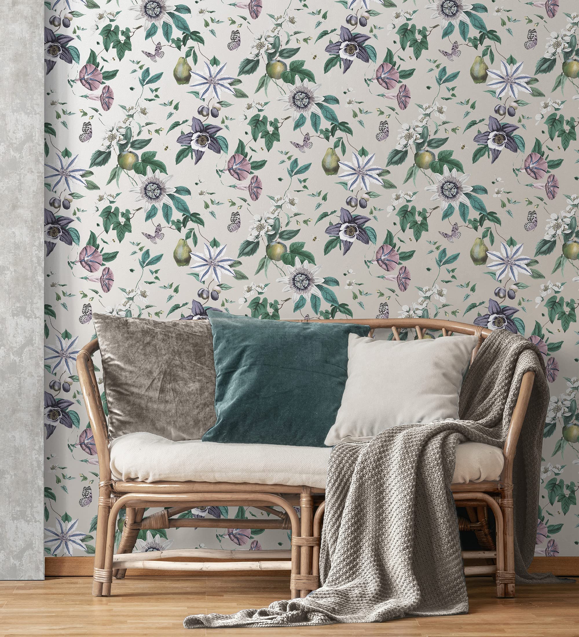 GAULAN 681966 - Papel pintado de flores y frutos fondo nácar beige para pared salón dormitorio pasillo comedor - Rollo de 10 m x 0,52 m