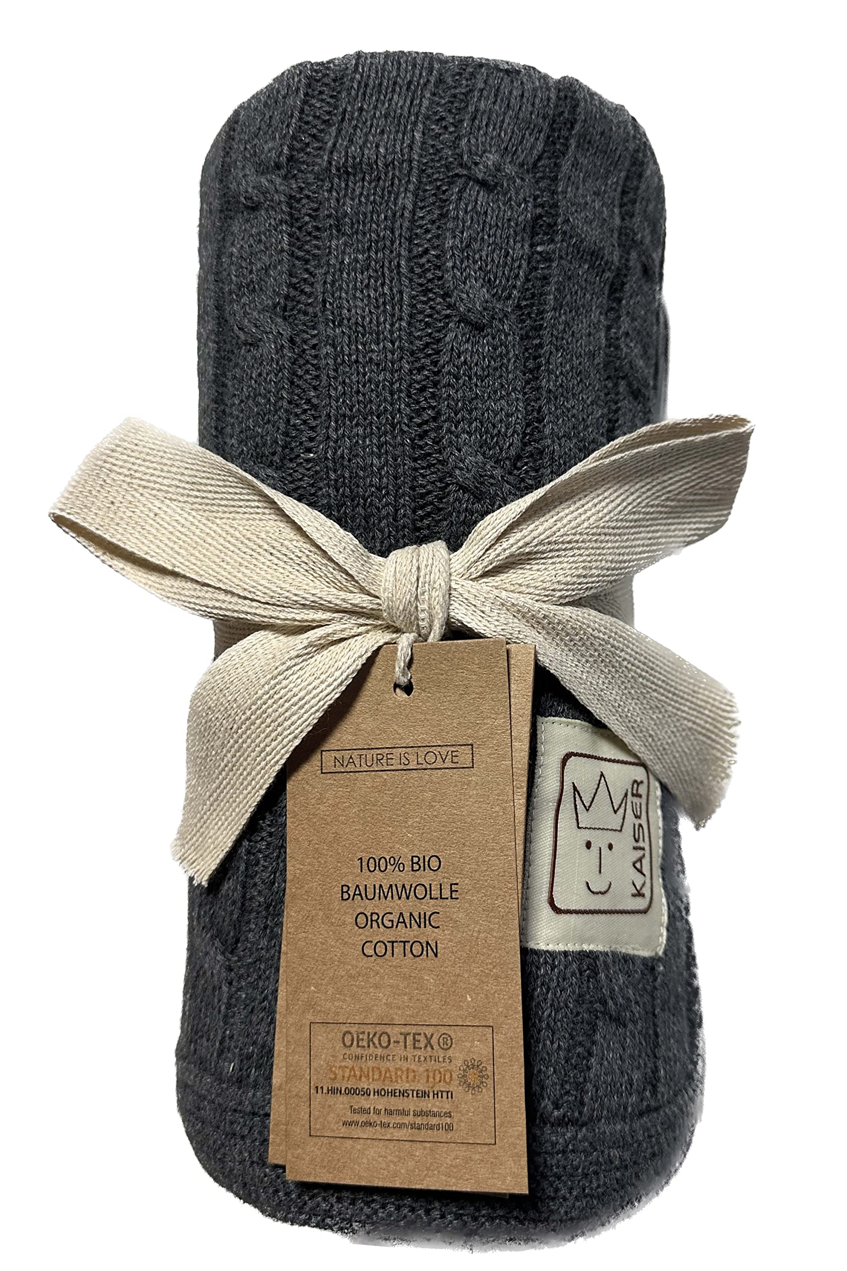 Kaiser 6521824 Cable Knitt – kocyk niemowlęcy z dzianiny, 100% bawełna ekologiczna (KBA), oddychający kocyk niemowlęcy, dla noworodka na lato, do wózka dziecięcego, kolor ciemnoszary