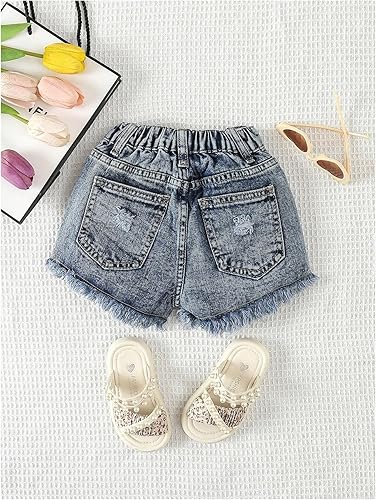 Verdusa Toddler Girl's Distressed Ripped Jeans Summer Streetwear Denim Shorts with Pockets Dark Wash 6 Years