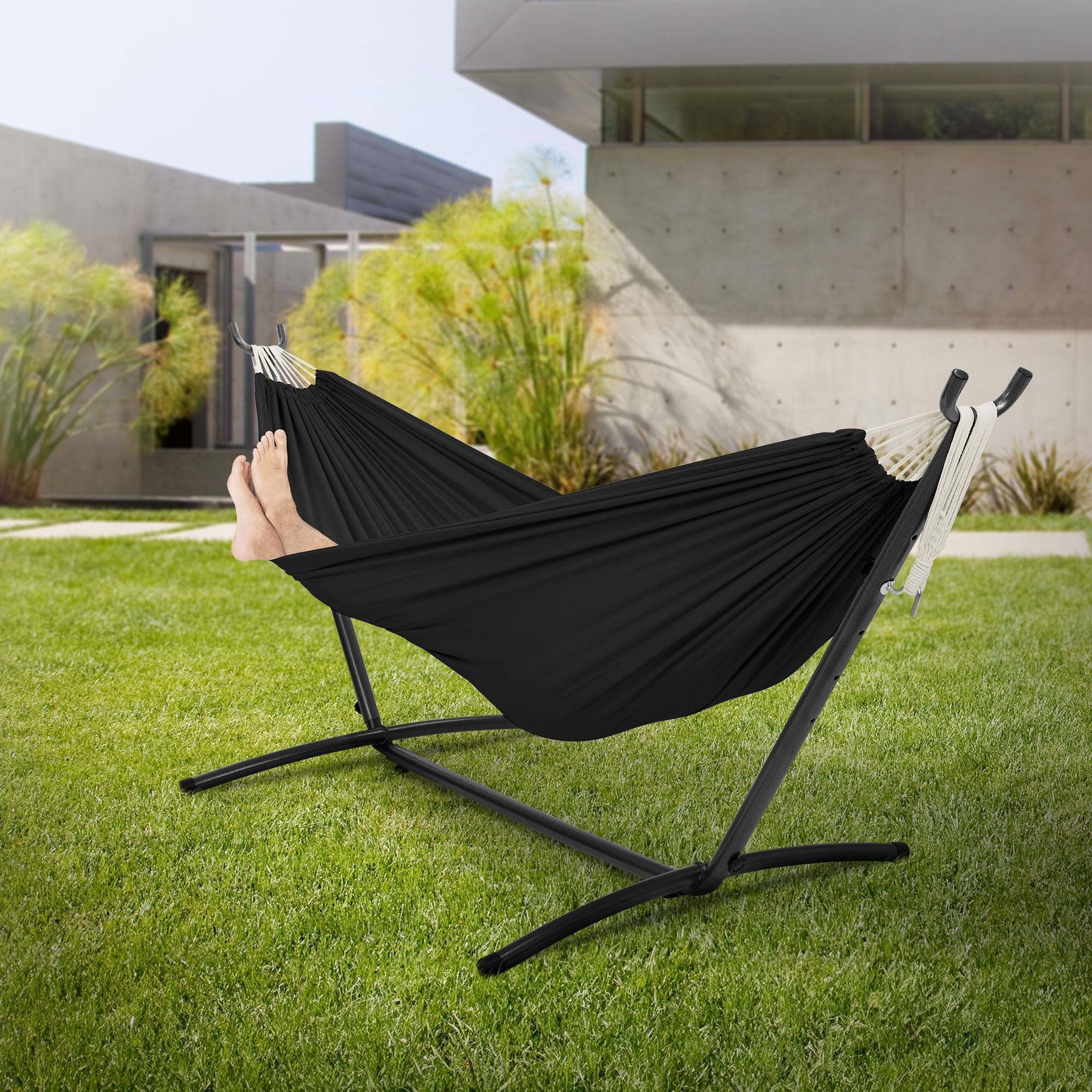 ML Design Amaca Doppia in Poliestere e Cotone Nero 275 x 110 x 98 cm con Supporto in Acciaio Spazio per 2 Persone Sedia Sospesa XXL Portatile con Borsa per Trasporto e Sacchetto Amache da Giardino