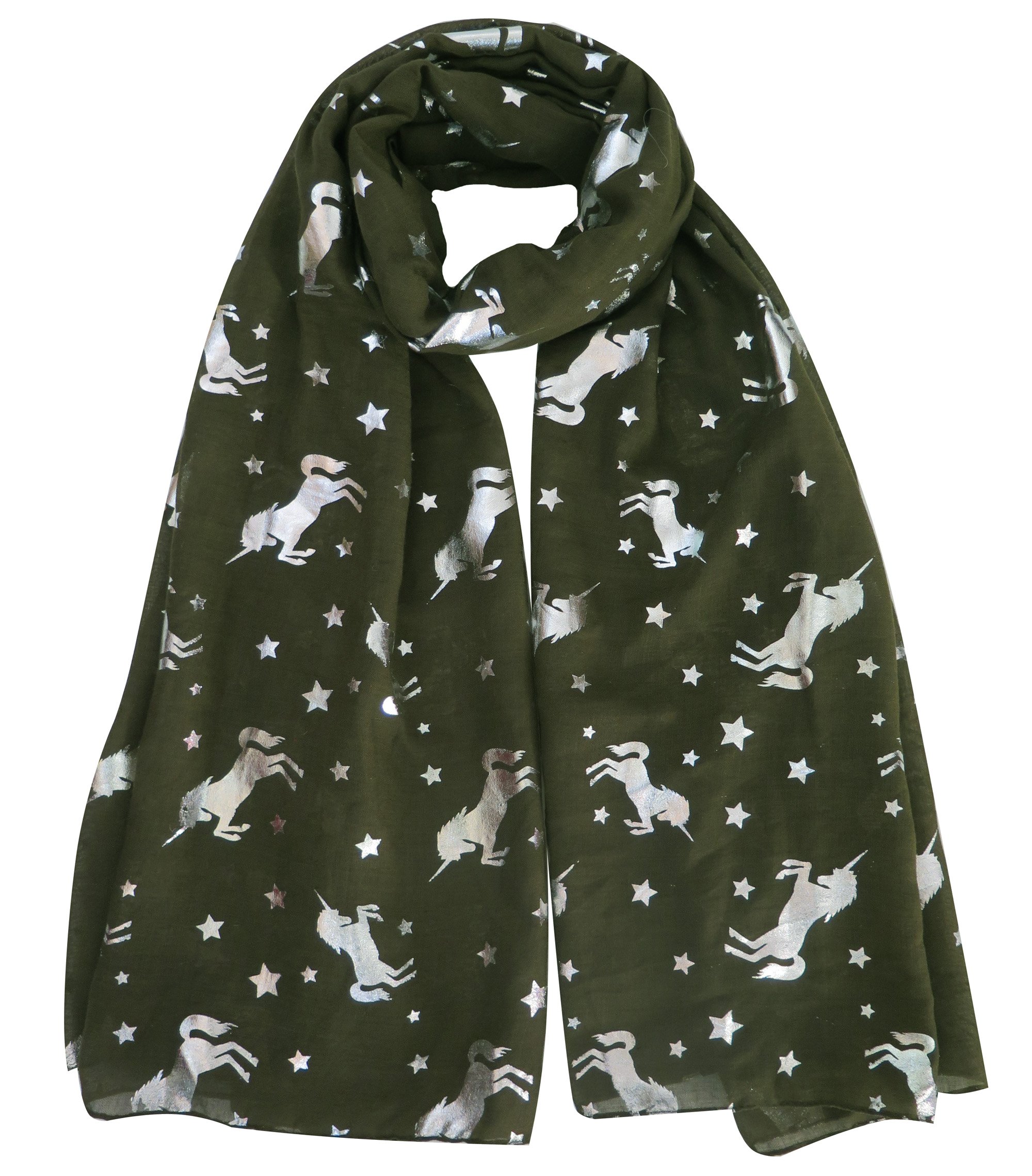 Lina & Lily Women's Army Green Silver Unicorn Glitters Scarf Shawl Wrap (Army Green)