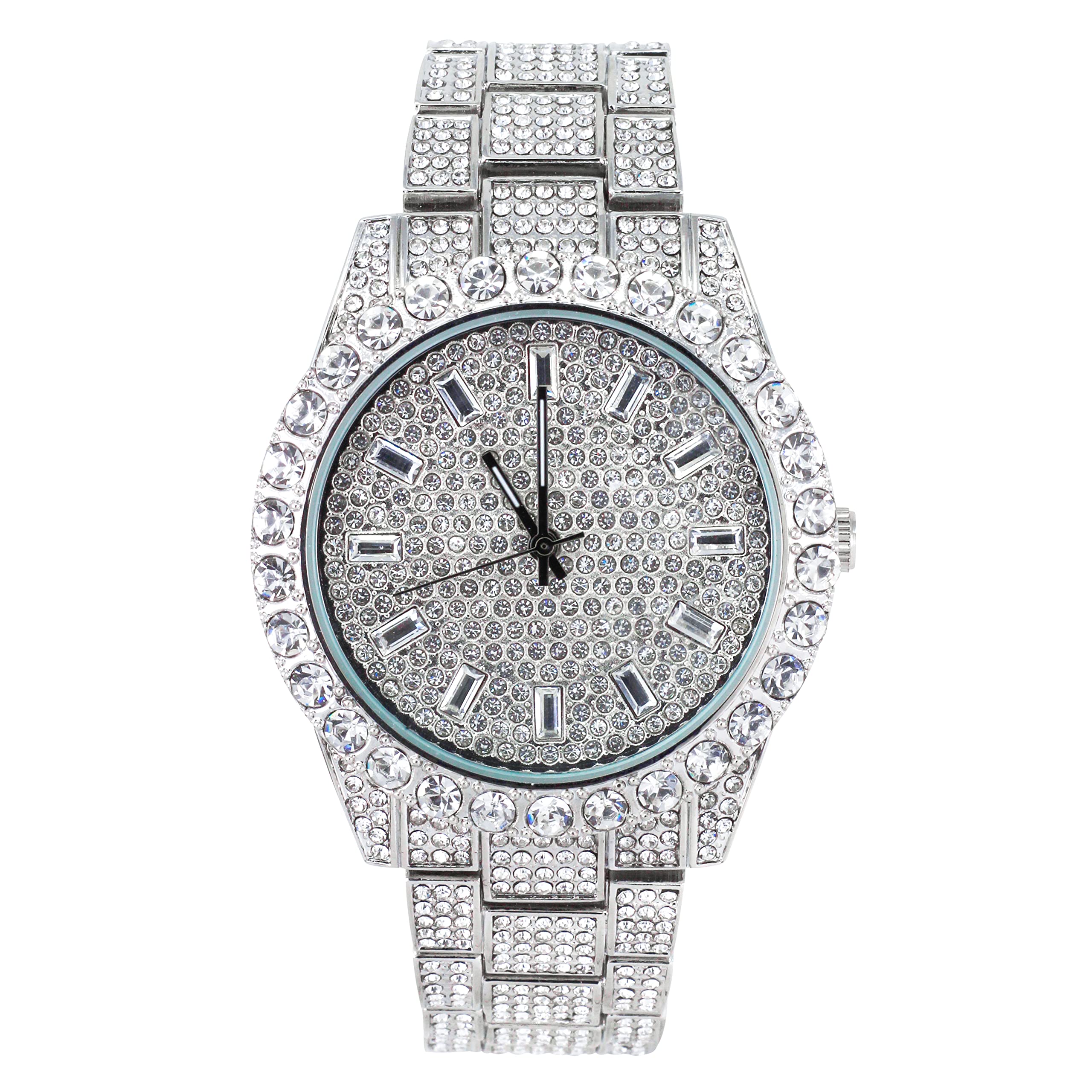 Techno Pave Men's 44mm Iced Out Solitaire Bezel Watch, Baguette Dial - Silver Dial