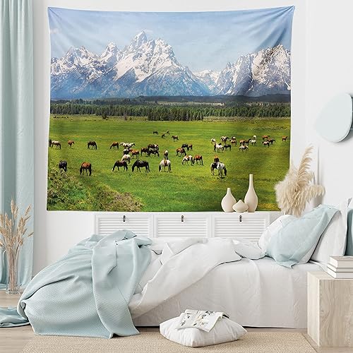 Miniatura 6 de Ambesonne Tapiz de caballo, parque nacional Grand Teton, montañas nevadas, árboles verdes frescos, animales, para colgar en la pared para