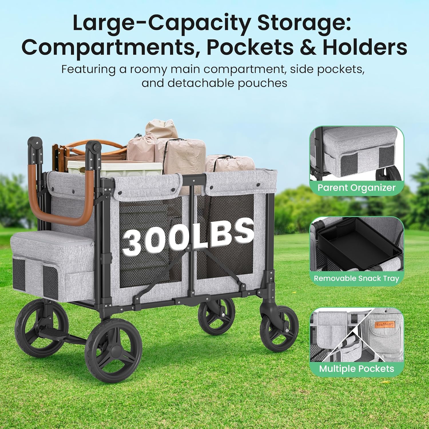 JML002 Wagon Stroller for 2 Kids - Double Seater Push Stroller with Canopy | Collapsible Foldable Wagon for Kids Toddlers & Infants with Removable Seat Pads,Grey