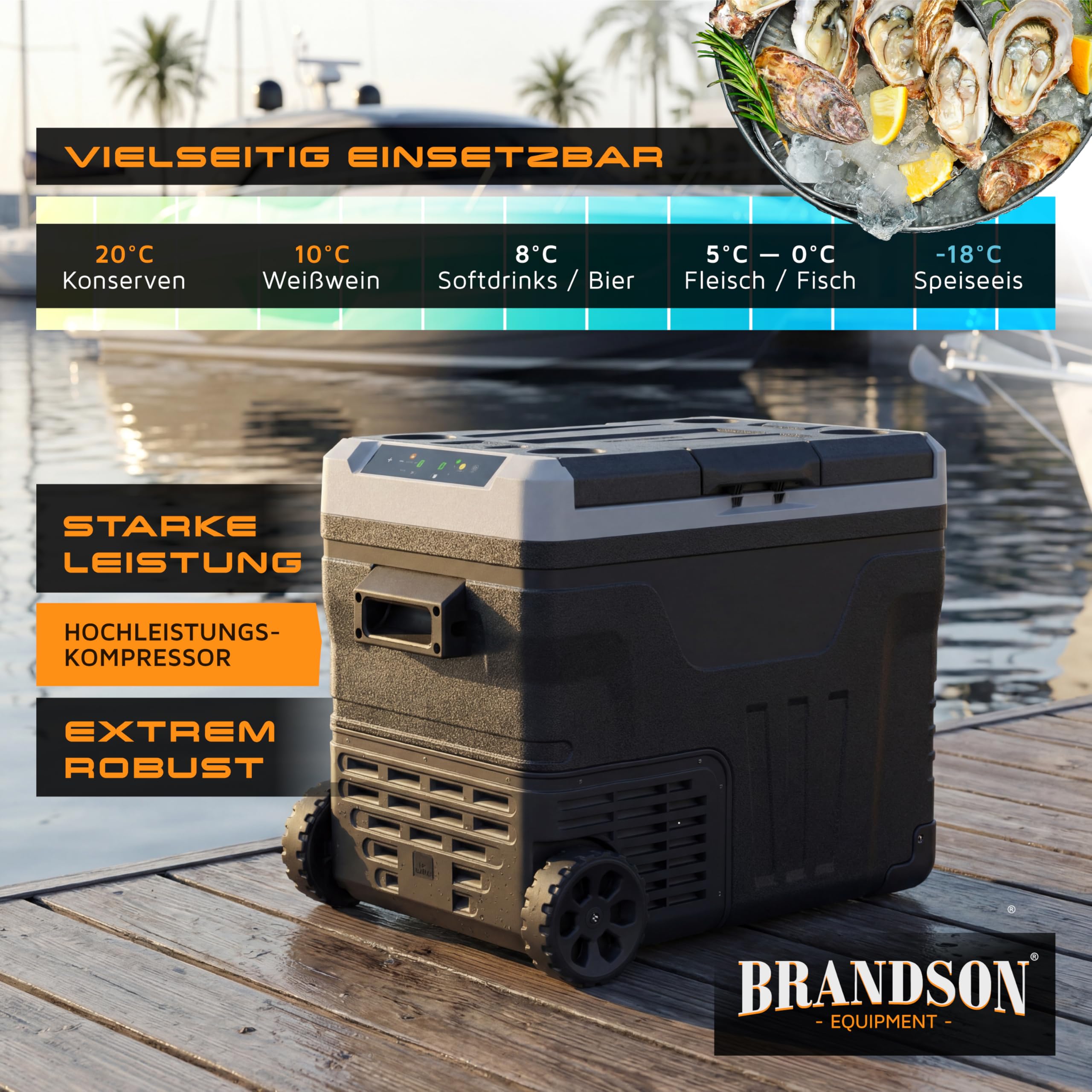 Brandson - Kompressor Kühlbox elektrisch - 2 Zonen / 2 Fächer 46 Liter – ECO Modus - LED Display – Gefriertruhe Kühlung bis -20°C - 12V - 230V – Batteriewächter - Auto Camping Festival LKW Boot