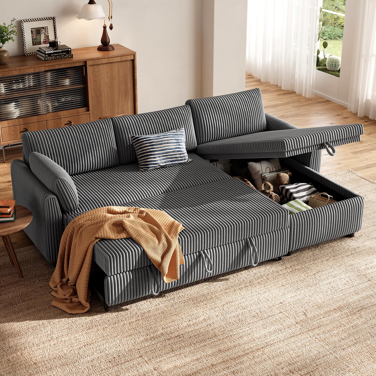 HOMRELEXA Ecksofa mit Schlaffunktion, Cord-Bezug Schlafcouch in L-Form, Schlafsofa Ausziehbar, Ausziehbares Sofa mit Stauraum, Umkehrbare Chaiselongue (Links oder rechts), Grau