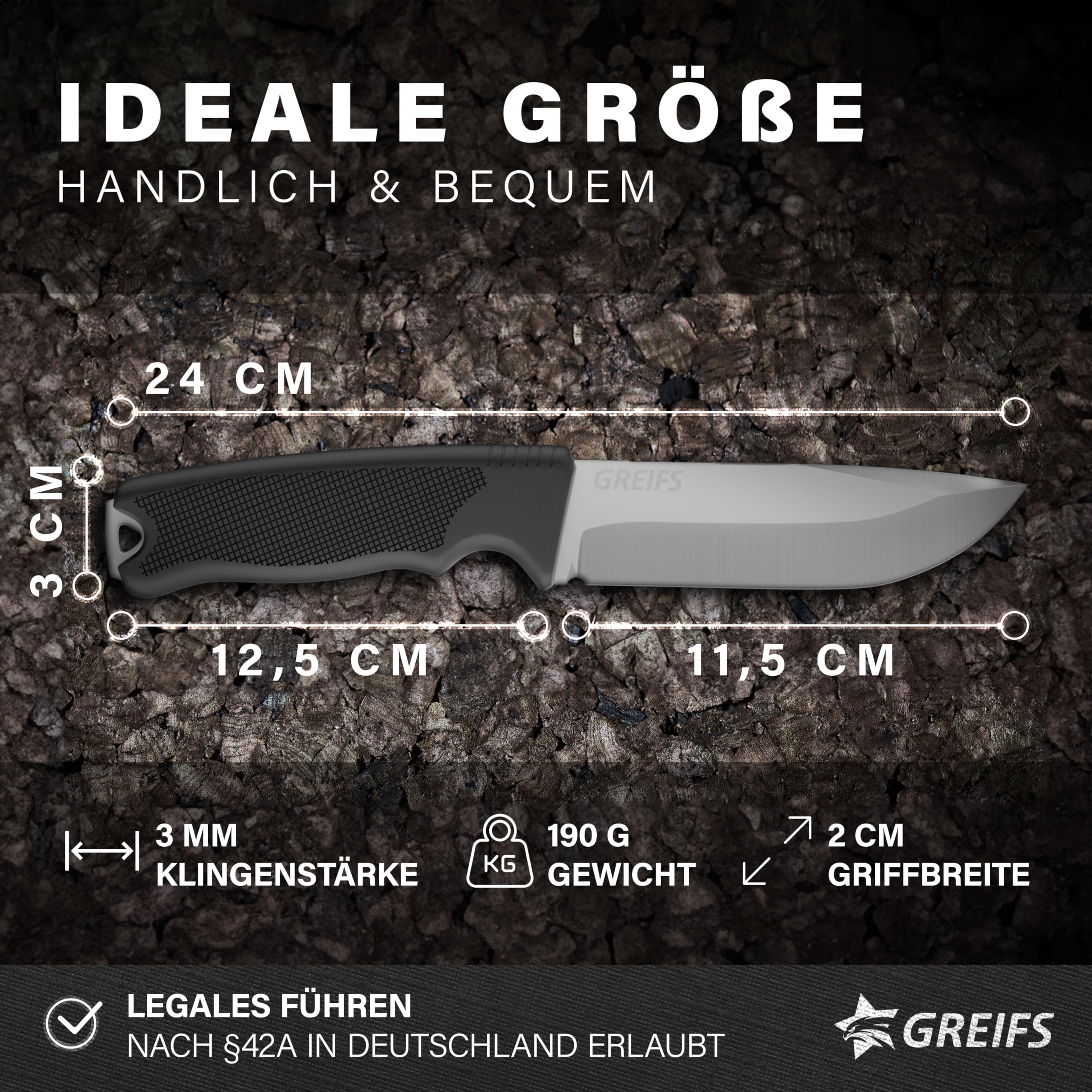 GREIFS® Outdoor-Messer G-Serie aus 440C Stahl mit Holster & Dangler, edles Survival Messer für die Bushcraft Ausrüstung, Jagdmesser, Schnitzmesser, Angelmesser (G7/Silber)