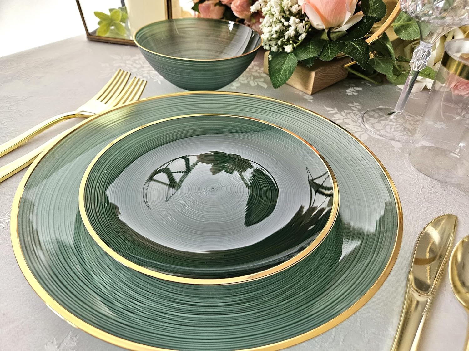 " OCCASIONS " 50 Plates Pack (25 Guests)-Wedding Party Disposable Plastic Plate Set -25 x 10'' Dinner + 25 x 7'' Salad & Dessert plates (Belize in Green & Gold) - Image 7